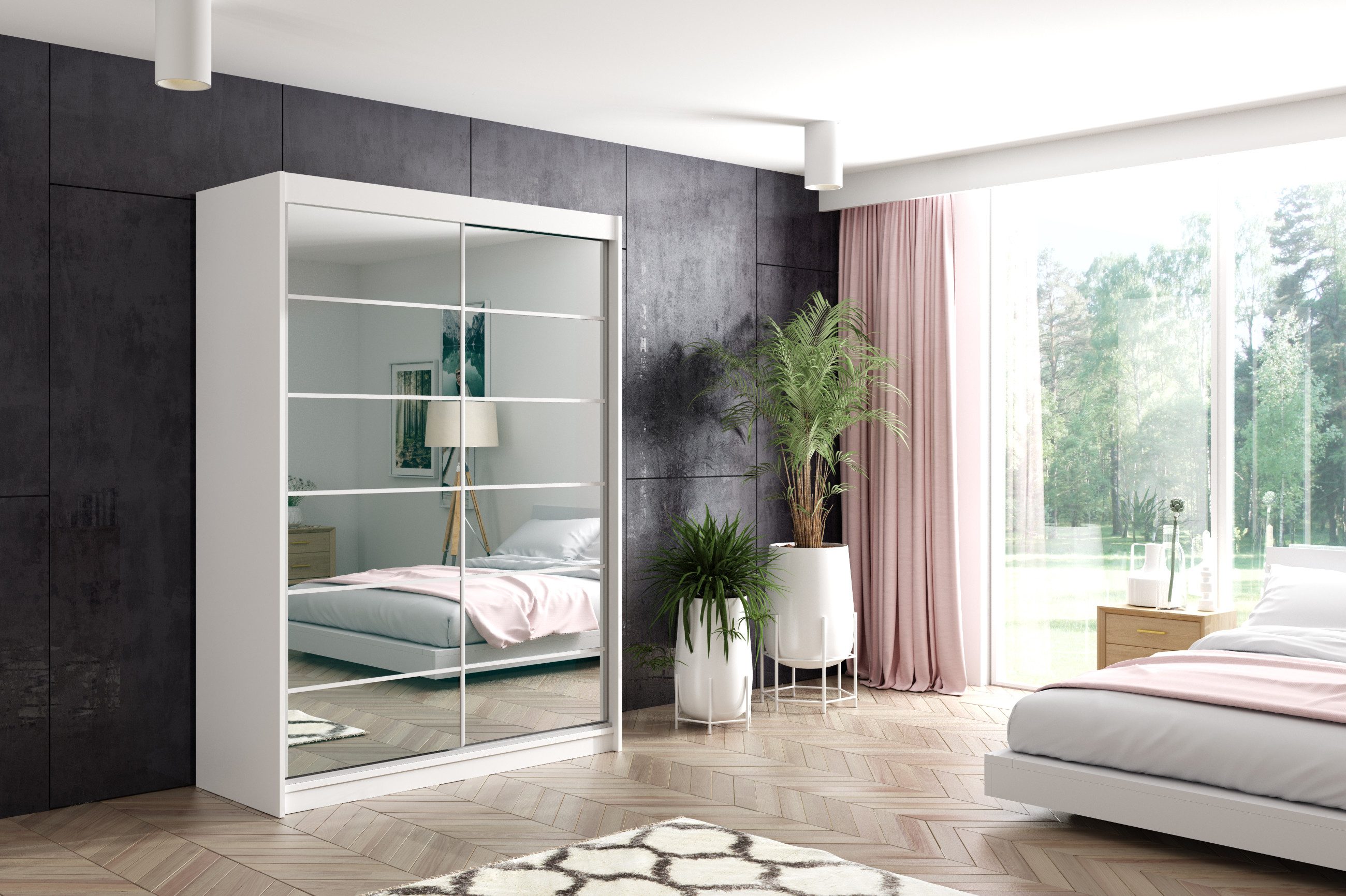 ALTDECOR Schiebetürenschrank FLORA (Kleiderschrank Garderobenschrank mit viel Stauraum Moderner Schrank) Spiegel Spiegeltüren Vielseitiger Schwebetürenschrank LED Beleuchtung