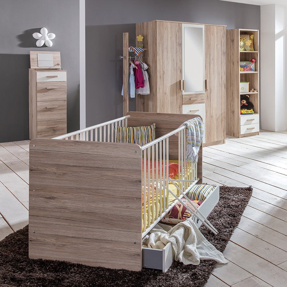 Lomadox Babybett CANTON-43, in Eiche mit weiß, höhenverstellbarer Lattenrost, Schupfsprossen