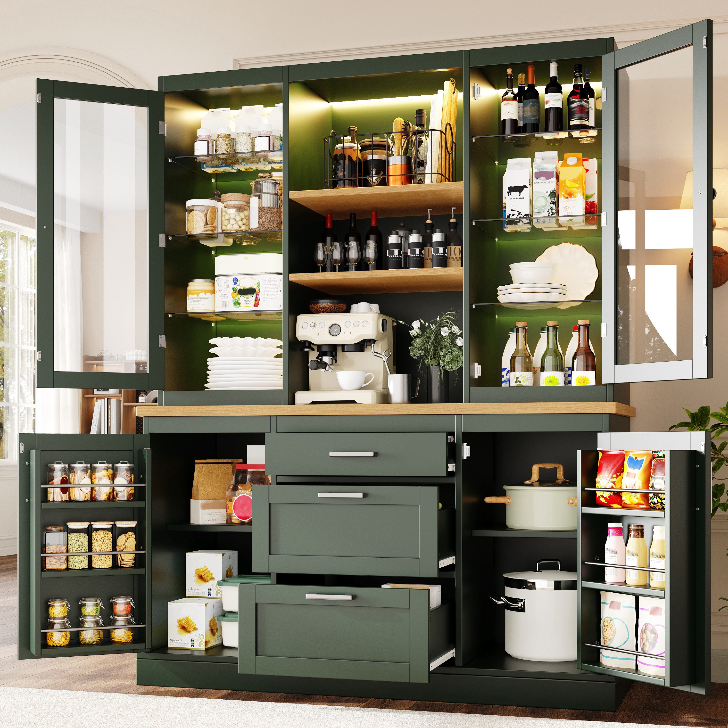 Odikalo Küchenbuffet Küchenschrank Buffetschrank mit App-gesteuerter LED-Beleuchtung (185x140x40cm, 3 Schubladen, Arbeitsplatte, verstellbare Böden)