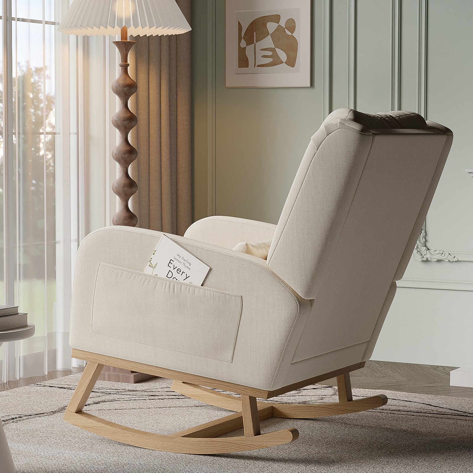 FUROKOY Schaukelstuhl Polster Relaxstuhl Leinen Schaukelsessel mit Holzsockel,2 Seitentaschen,1 Lendenkissen,Beige – Bild 4 von 5