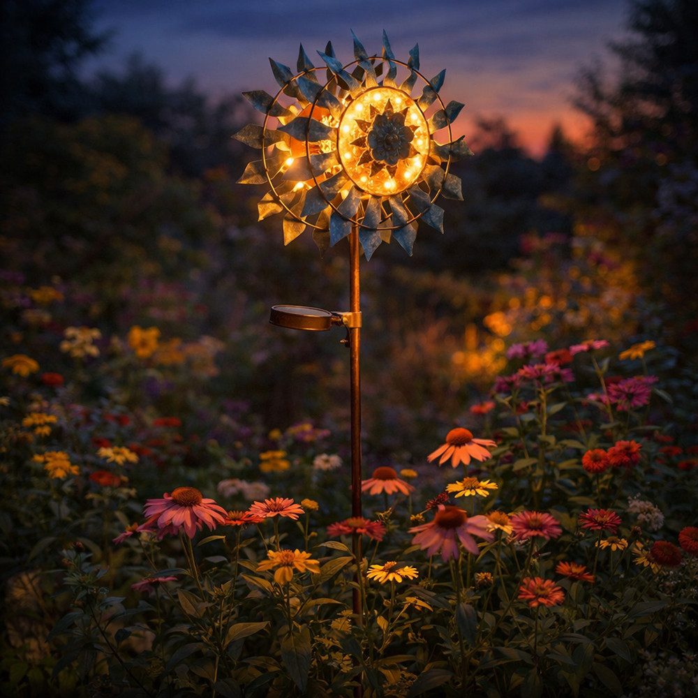 GLOBO LIGHTING LED Solarleuchte, LED-Leuchtmittel fest verbaut, Warmweiß, Gartendeko Außenlampe Windrad LED Solarlampe gold blau antik H 92 cm