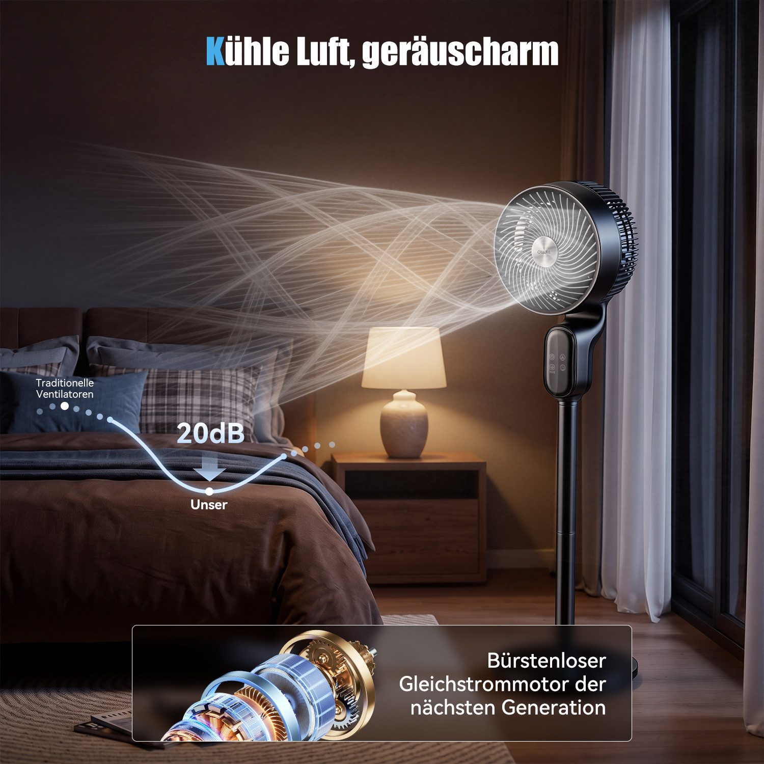 oyajia Standventilator mit Fernbedienung, 3D-Oszillation Luftzirkulator, 8 Geschwindigkeiten, 12H Timer, LED-Display, Ventilator mit Aromapads