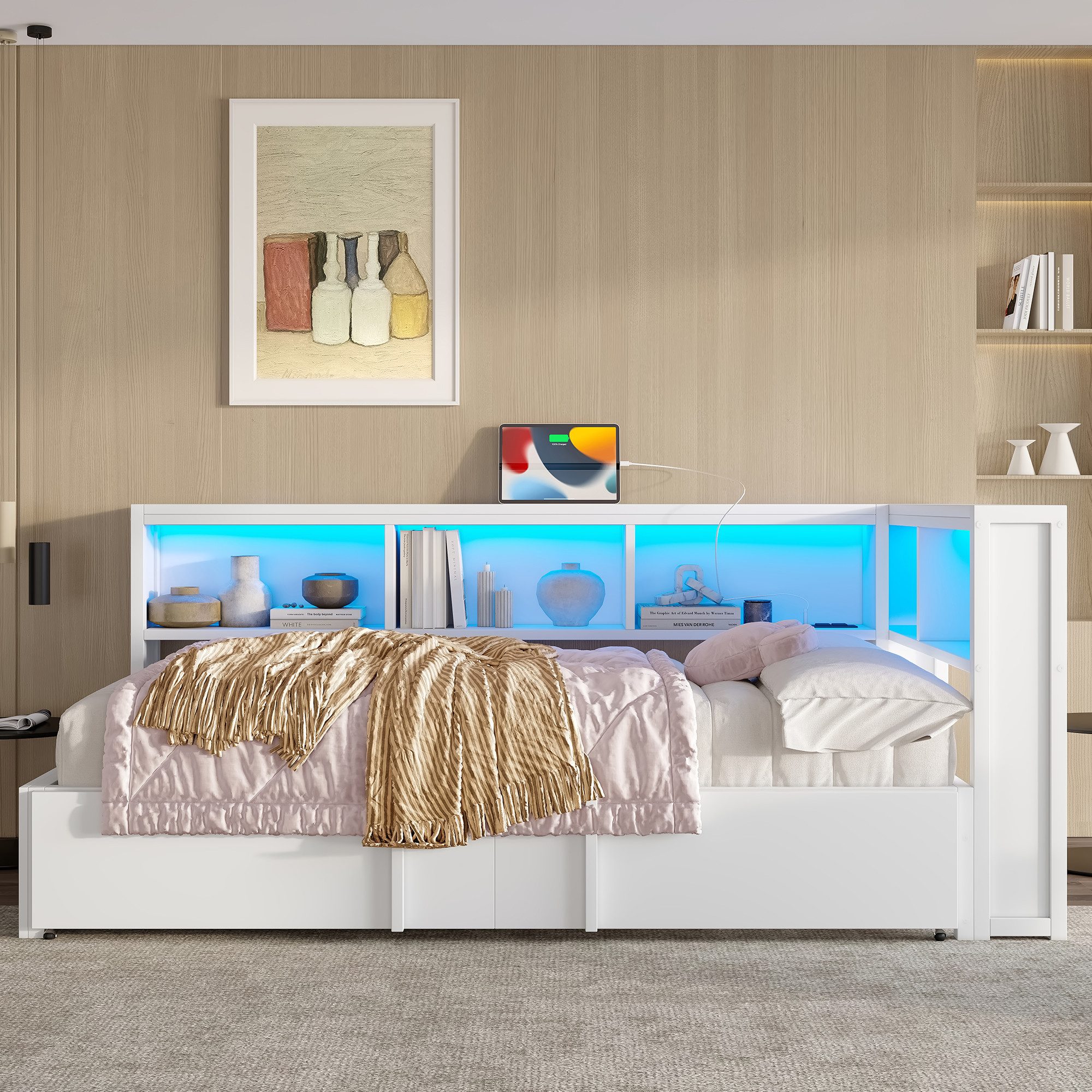 STILVORA Daybed 90x200 mit Ausziehbett,Daybett mit Staufach,Tagesbett mit LED&USB (LED-Beleuchtung & USB-Anschlüssen – Jugend- & Gästebett mit 5 Stauschränken, ideal für Teenager, Erwachsene & kleine Wohnungen, 1 tlg), mit Ausziehbett