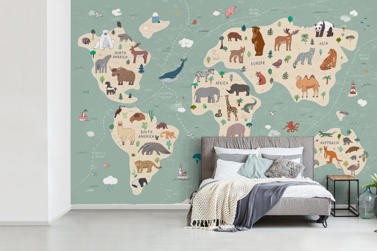 MuchoWow Fototapete Erde - Weltkarte Schlafzimmer, für Vinyl Tapete Kinder - Blau, Tiere bedruckt, Wohnzimmer, Wallpaper Matt, - - Jungen - St), Kinderzimmer, (6 Mädchen