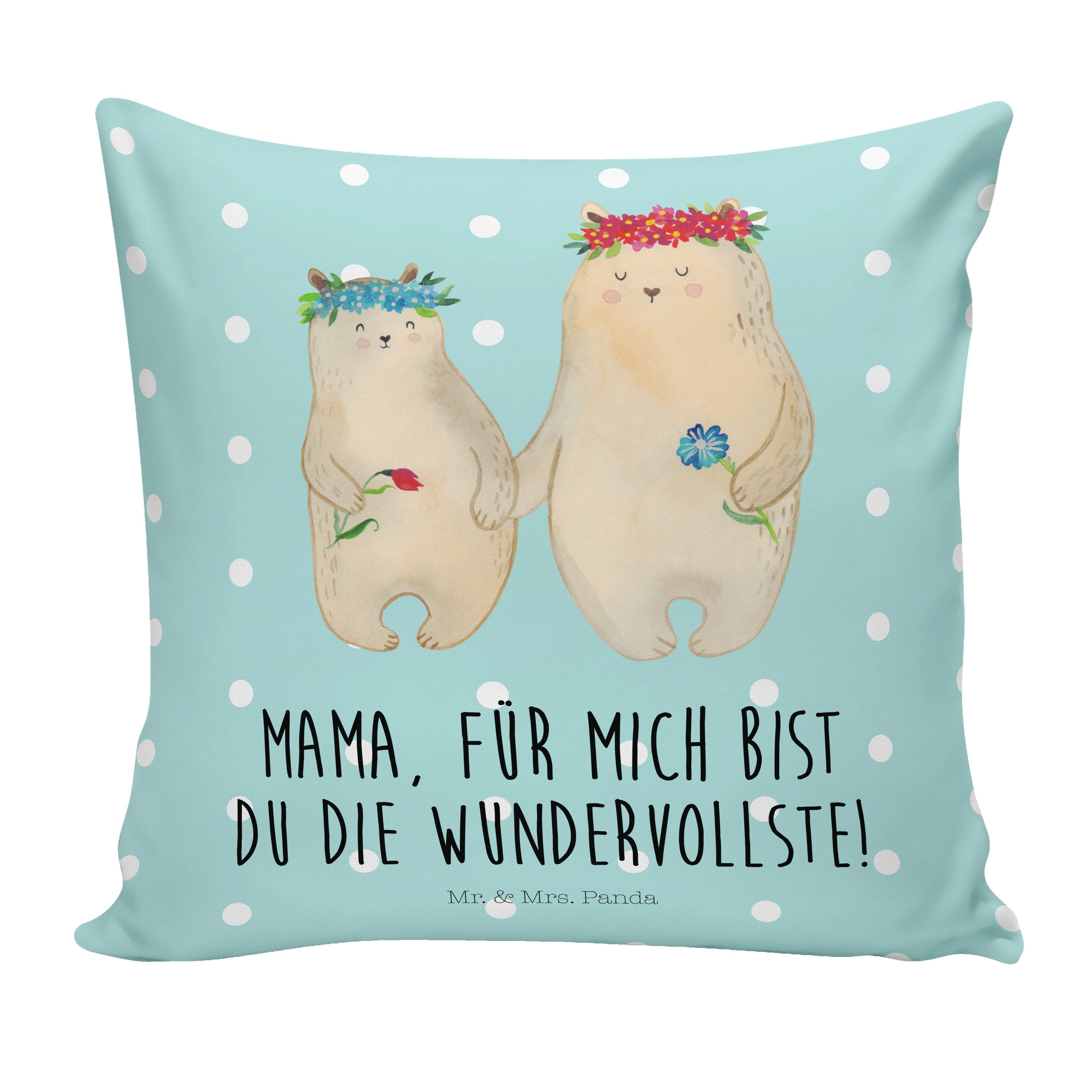 Mr. & Mrs. Panda Dekokissen Bären mit Blumenkranz - Türkis Pastell - Geschenk, Kissenhülle, Vorbi