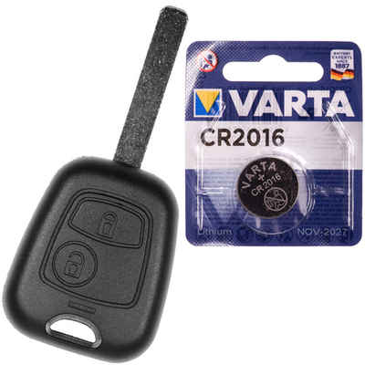 mt-key Auto Schlüssel Ersatz Gehäuse 2 Tasten + VA2 Rohling + VARTA CR2016 Knopfzelle, CR2016 (3 V), für Citroen C1 I C2 C3 I Peugeot 107 Toyota Funk Fernbedienung