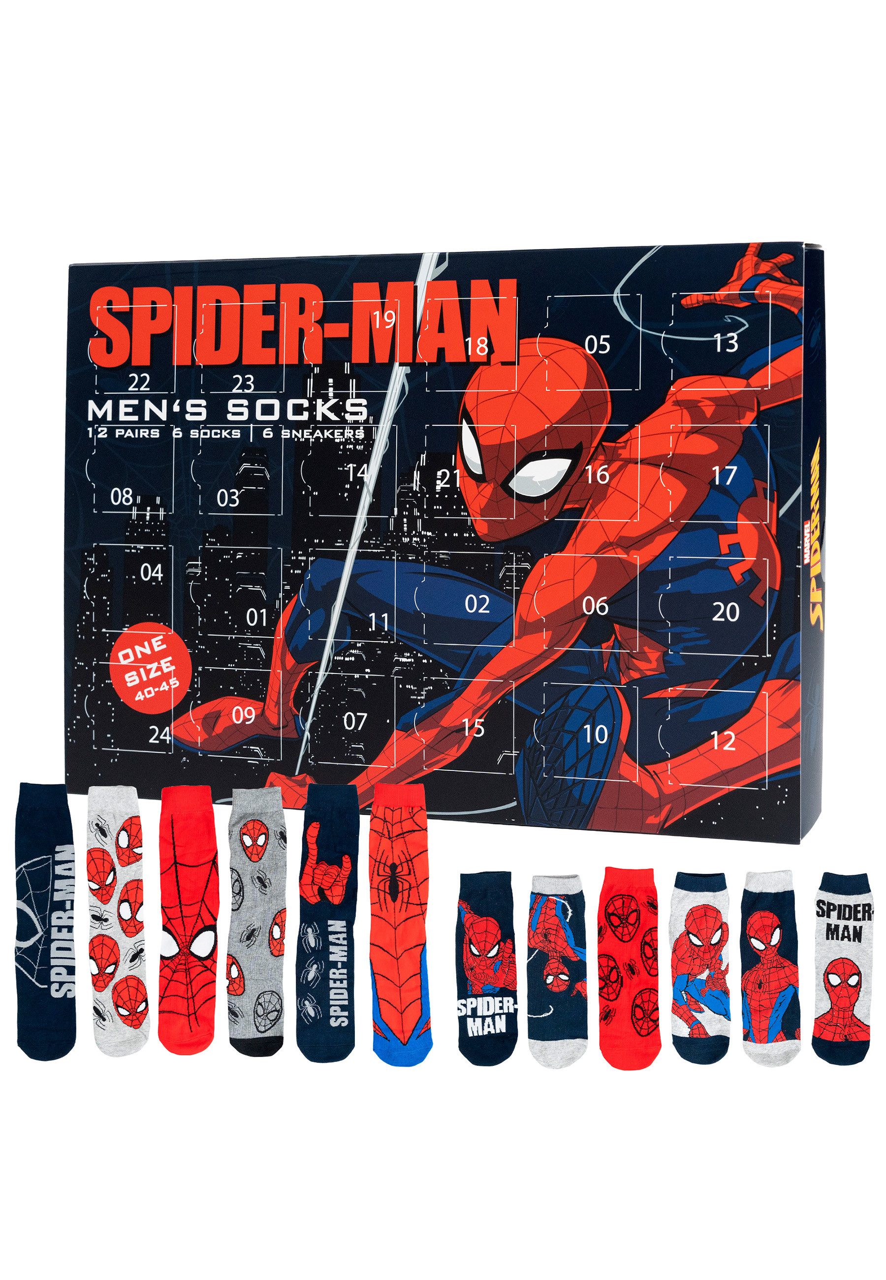 United Labels® Adventskalender Marvel Spiderman Socken Adventskalender mit 12 Paar kurz und lang