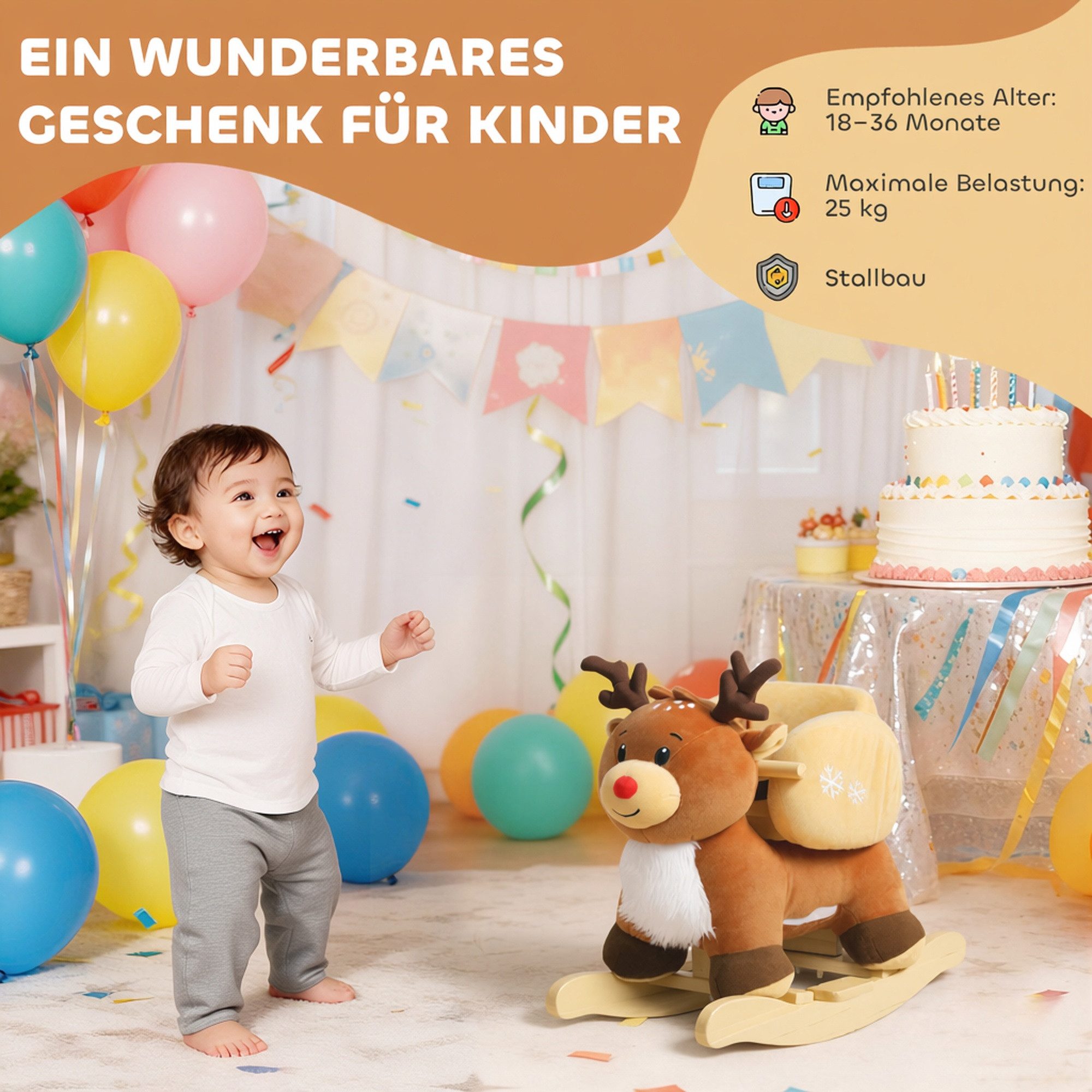 AIYAPLAY Schaukeltier Kinder Schaukelpferd Rentier mit Schlafliedern, Sicherheitsgurt, (1 tlg), für 18-36 Monate, Plüsch, Braun, 65 x 32 x 55 cm – Bild 4 von 5