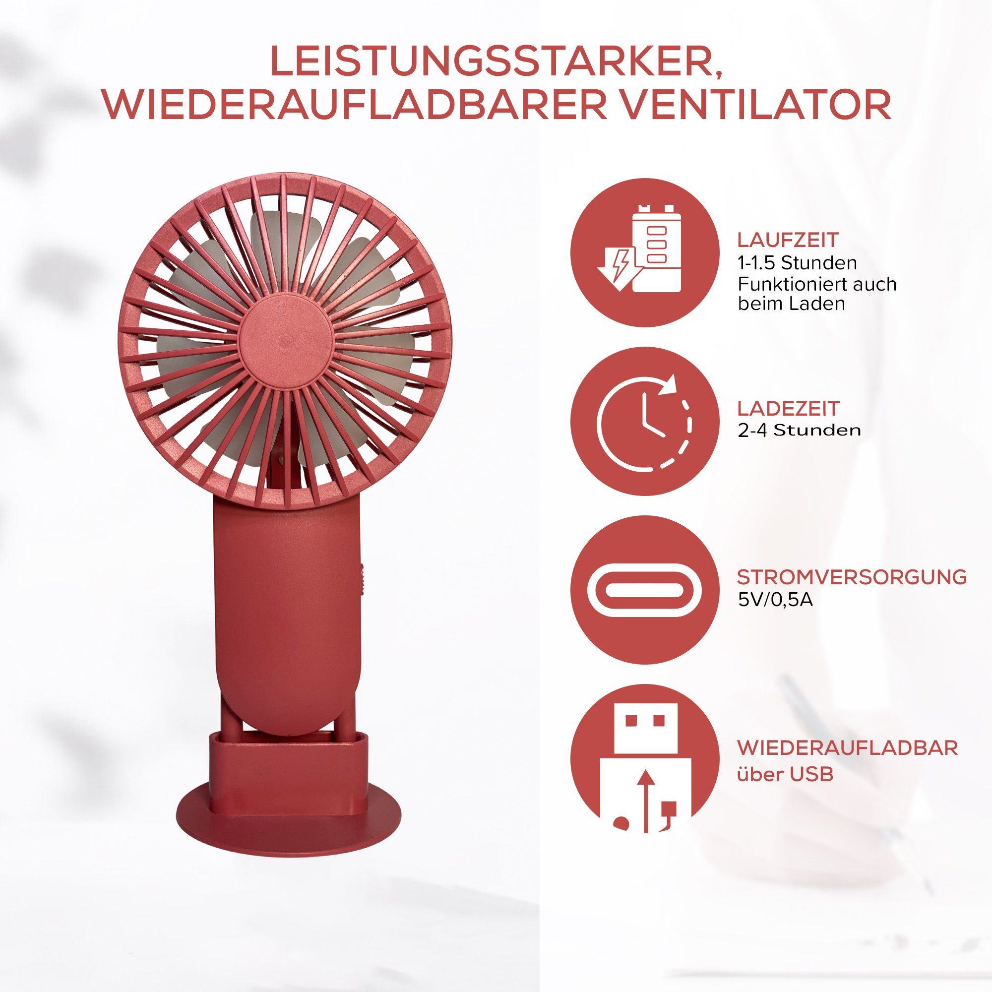 2 MAQETARA Ventilator mit auch Products möglich USB aufladbar Akku Stufen, Rot tragbarer Hand Standfuss, betrieb des Mini Lüfter, wärend USB-Ventilator Ladens