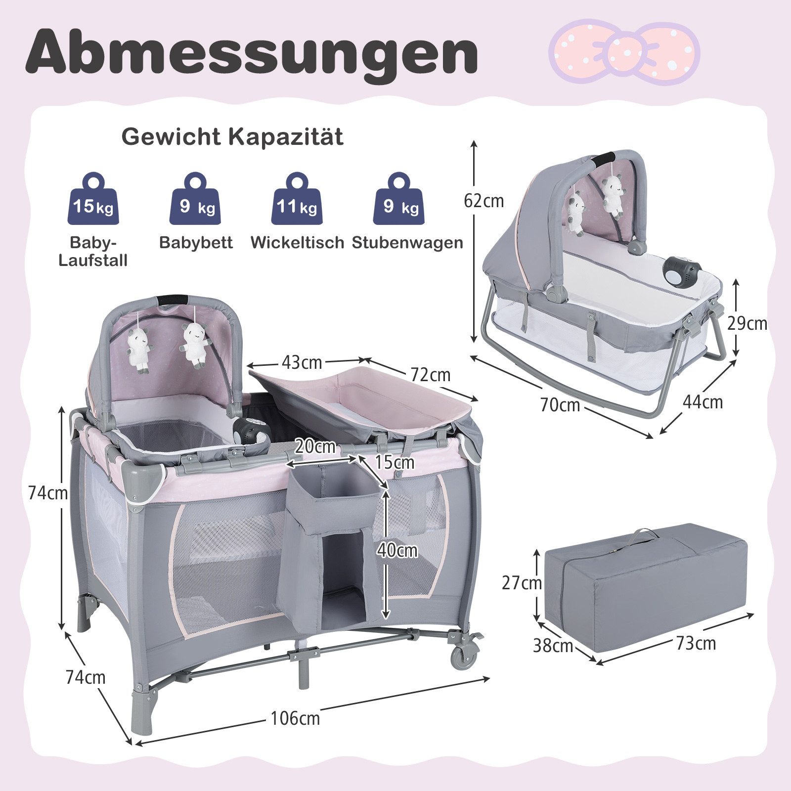 COSTWAY Baby-Reisebett, 1-tlg., Laufstall, Babybett mit Babywiege, Wickeltisch, Matratze