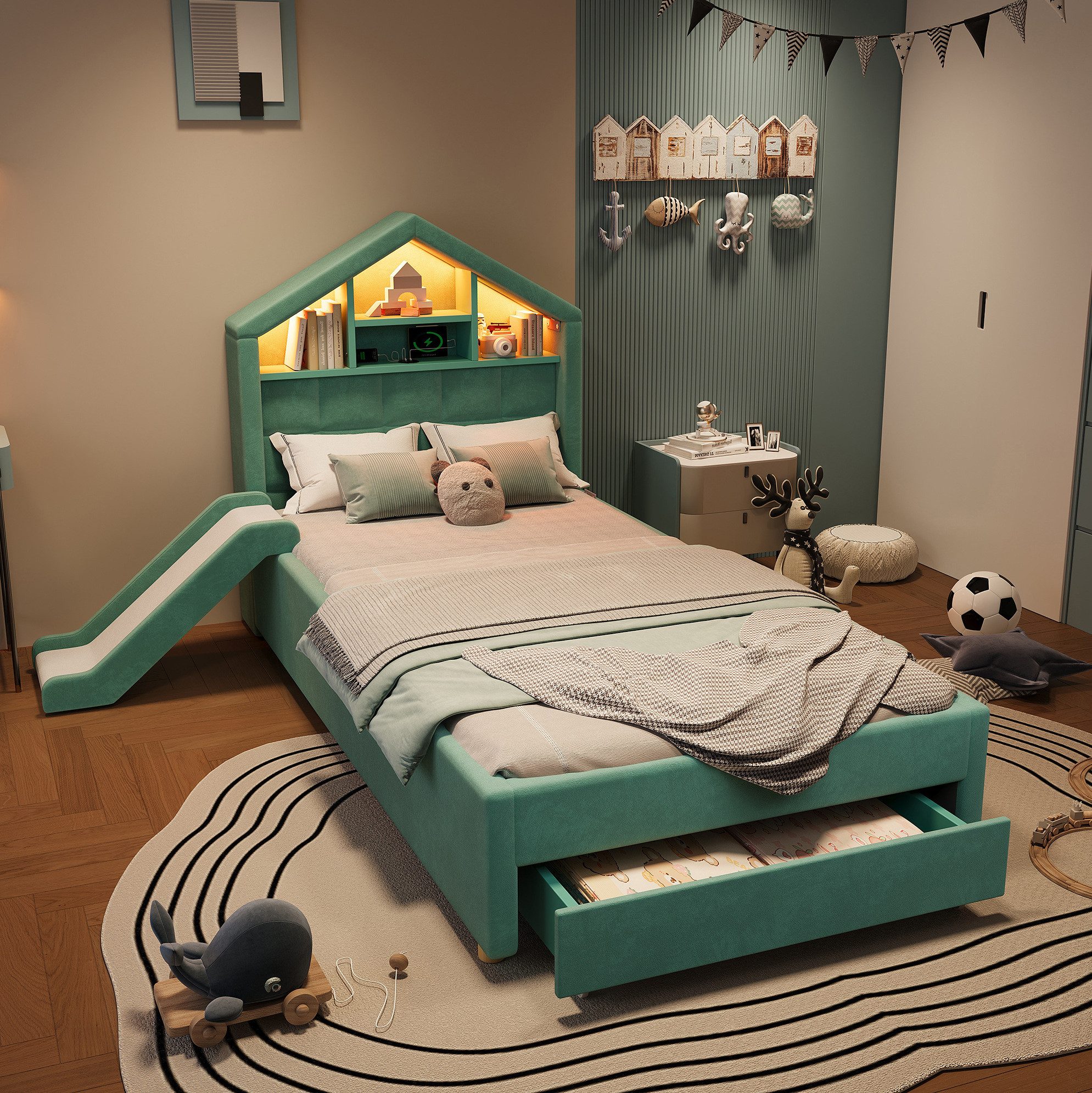 REDOM Kinderbett Polsterbett mit Rutsche und Stauraum, Funktionsbett (Stauraumbett 90x200 cm mit LED-Licht, Ladeanschluss, praktischem Regal am Kopfteil und geräumigem Bettkasten, Funktionsbett Jugendbett), Inklusive Matratze