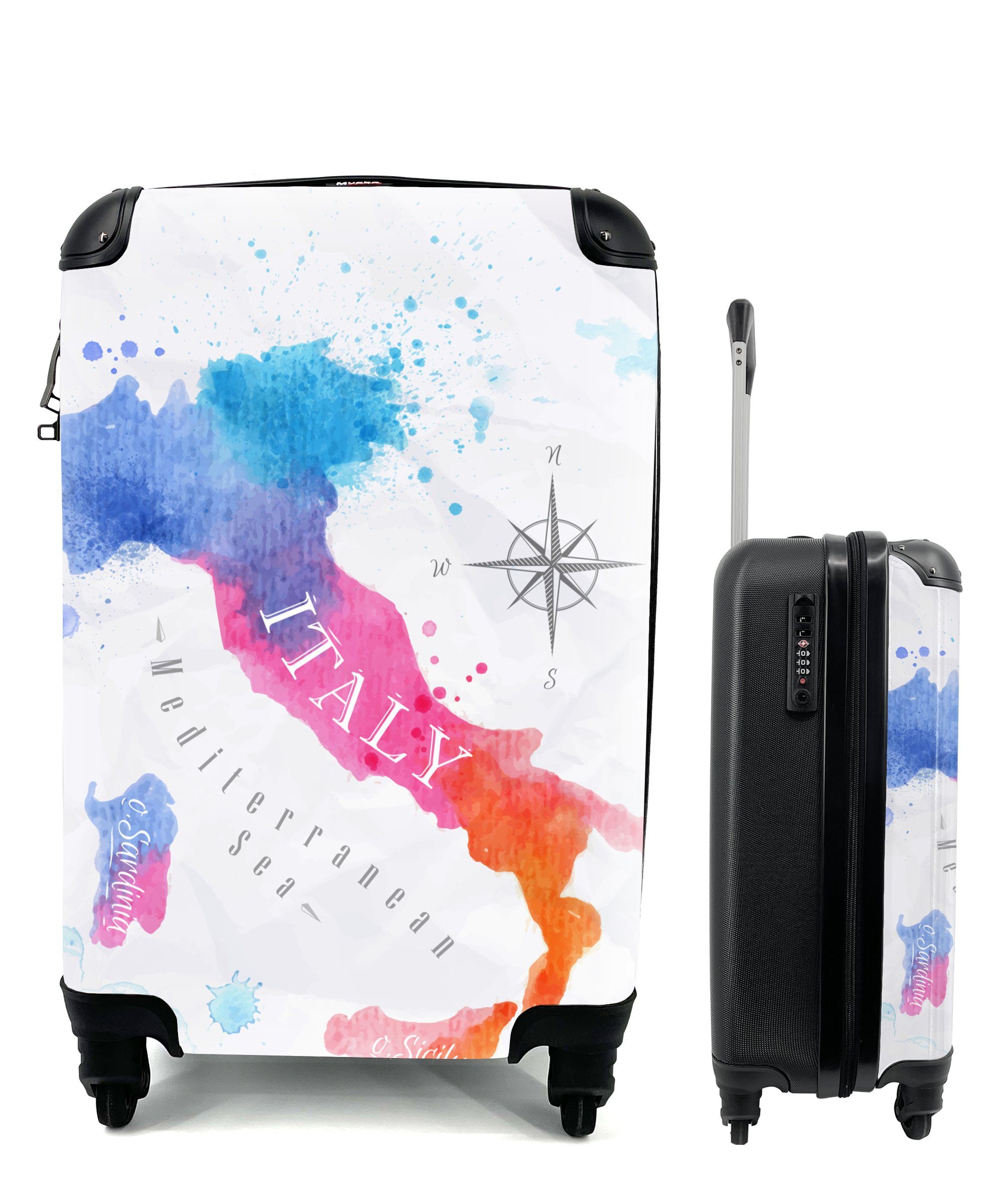 MuchoWow Handgepäckkoffer Weltkarte Ölfarbe Rollen, - Reisetasche Ferien, 4 - für mit rollen, Handgepäck Trolley, Reisekoffer Italien