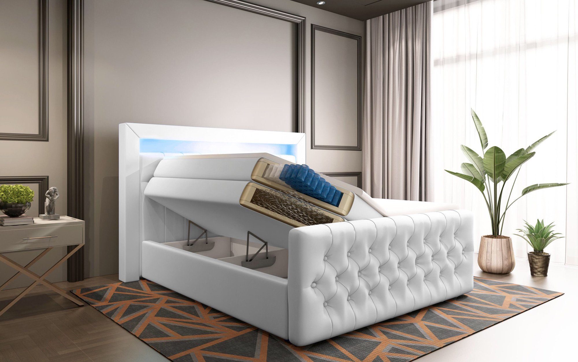 Baidani Boxspringbett Sonno, mit Stauraum, LED und USB - Anschluss, inkl. Topper und Matratze