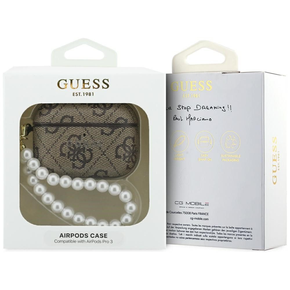 Guess Kopfhörer-Schutzhülle Case AirPods Pro 3 Kunstleder braun Logo goldfarben mit Kette, Kantenschutz – Bild 4 von 4
