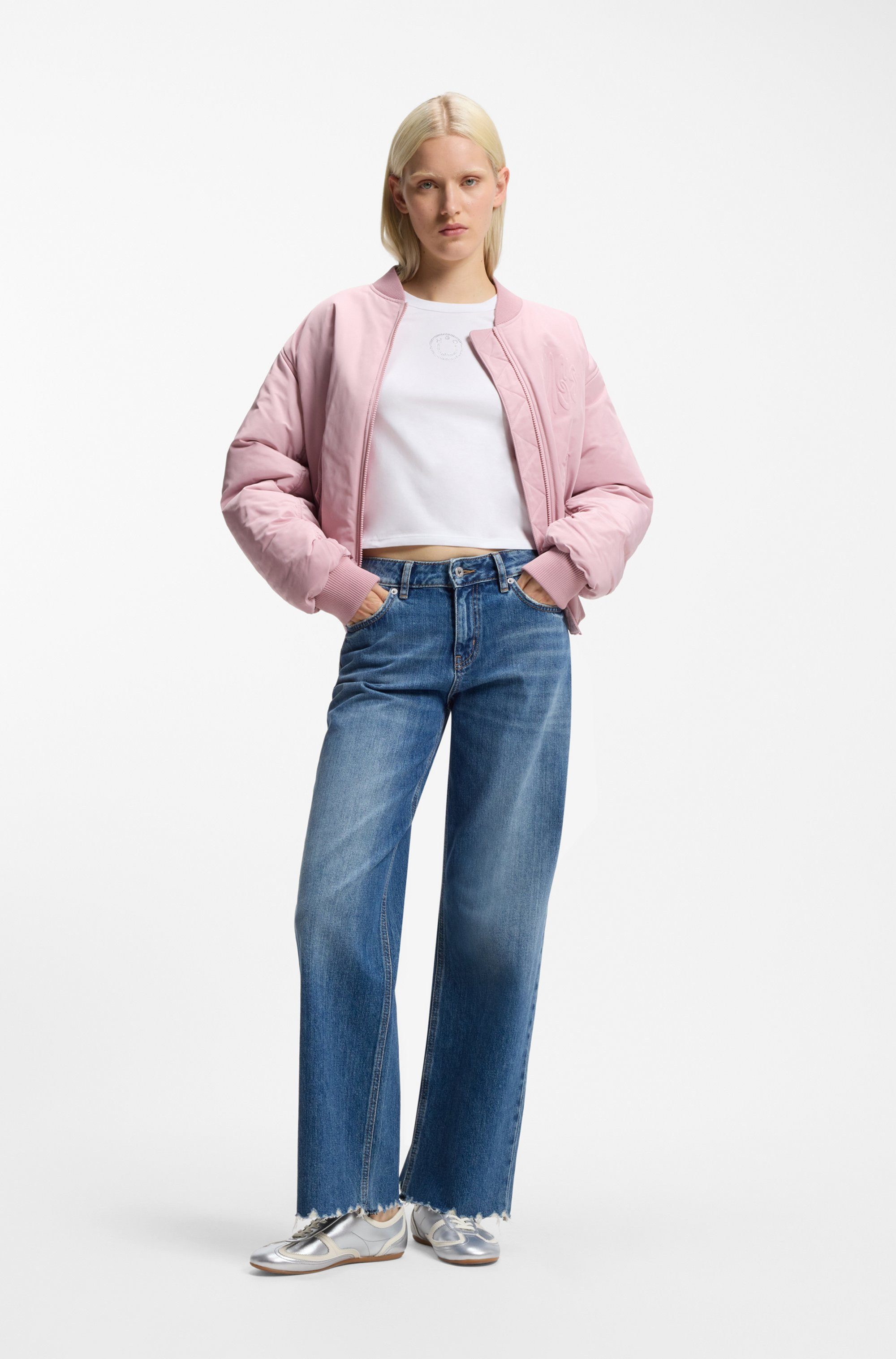 HUGO Langarmshirt Daliriee cropped, Rundhals, mit Strassbesatz