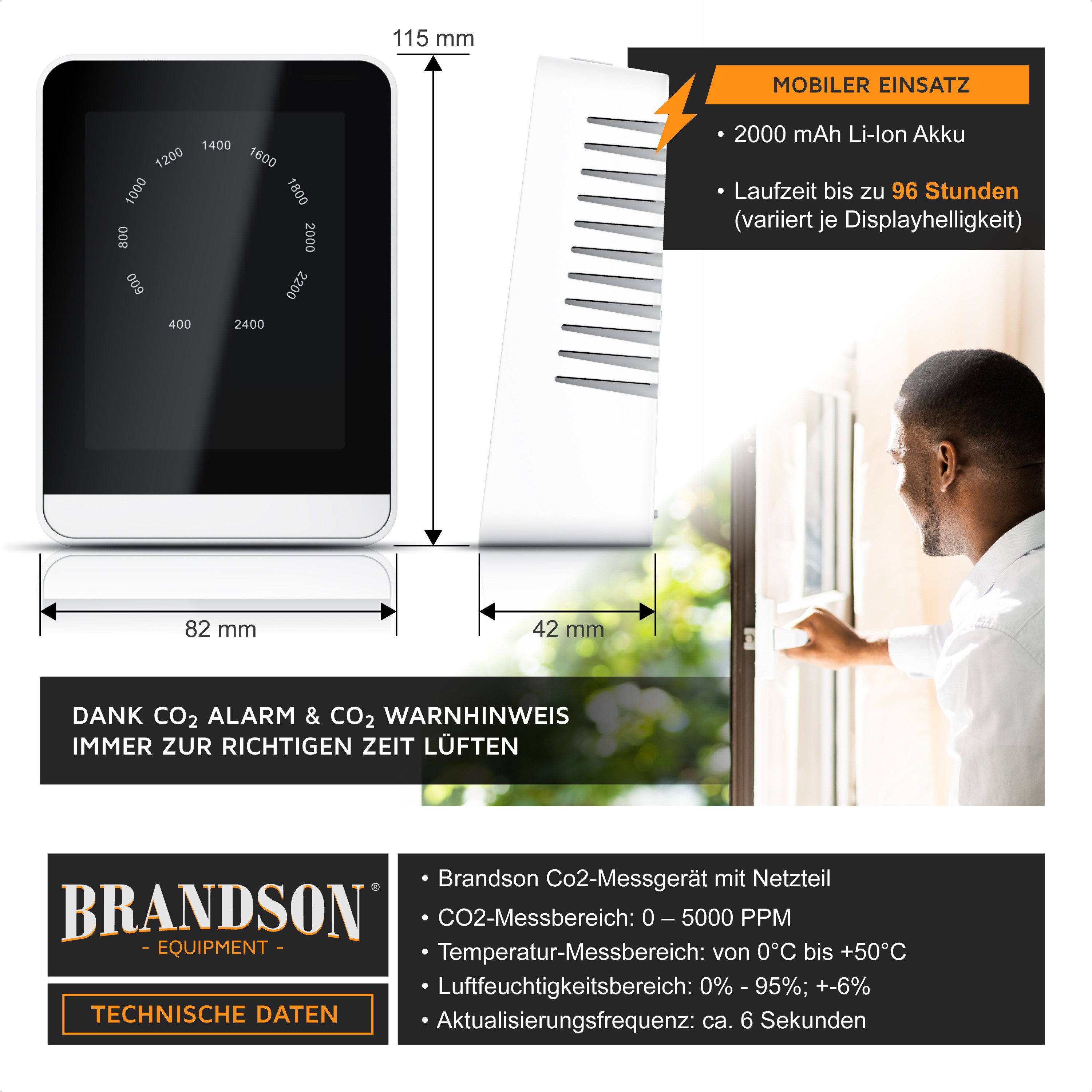 Brandson Raumluft-Qualitätssensor CO2 Messgerät, Luftqualität Melder, Kohlendioxidmessung, Warnmelder, (1-St), Sensor für Luftqualität, CO2 Messung, Präzise Kohlendioxidmessung
