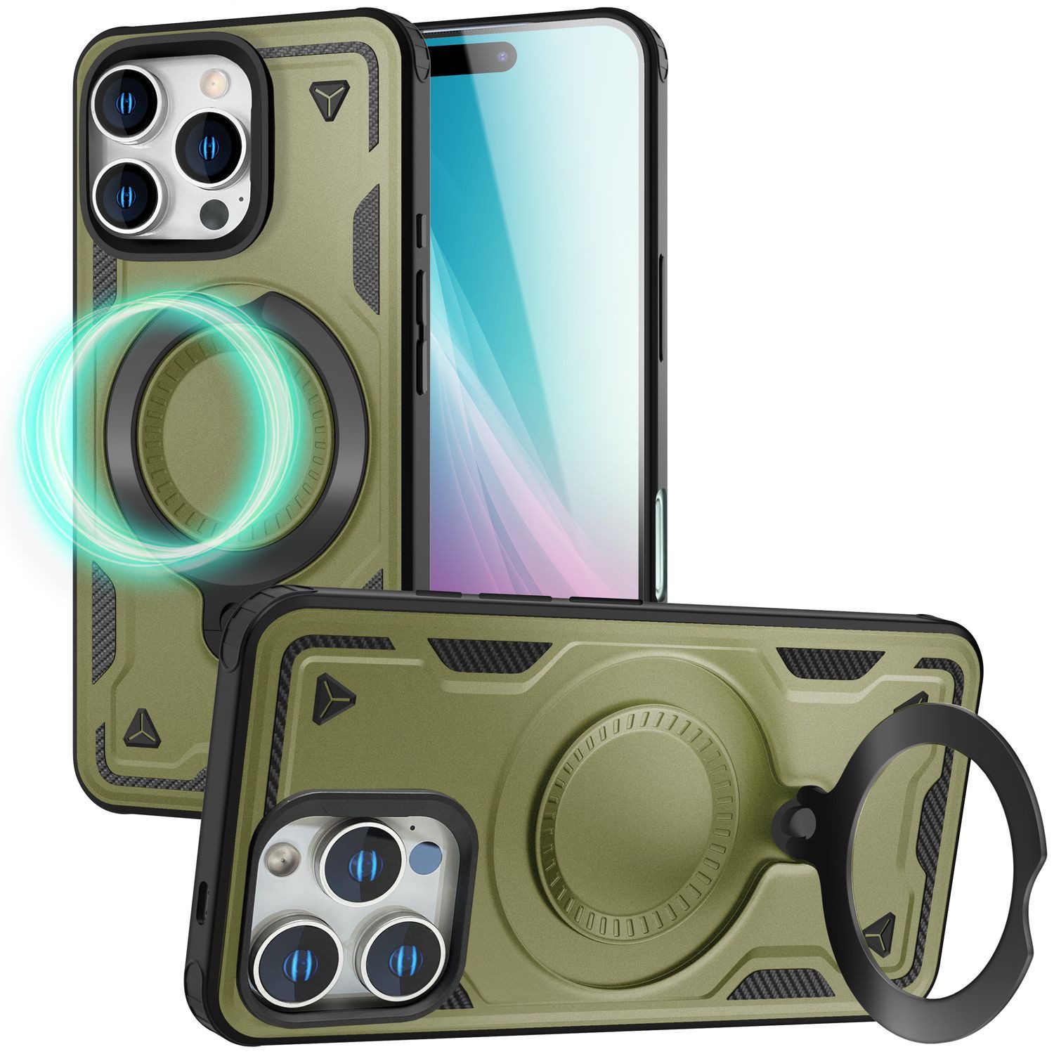 Nalia Smartphone-Hülle Apple iPhone 16 Pro 16 cm (6,3 Zoll), Stormguard / Armor Panzerhülle / 360° Dreh-Ring / für MagSafe / Robust