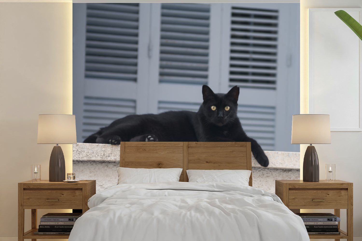 MuchoWow Fototapete Katze - Schwarz - Fensterläden - Mädchen - Kinder - Jungen - Kind, Matt, bedruckt, (5 St), Vinyl Tapete für Wohnzimmer oder Schlafzimmer, Wandtapete