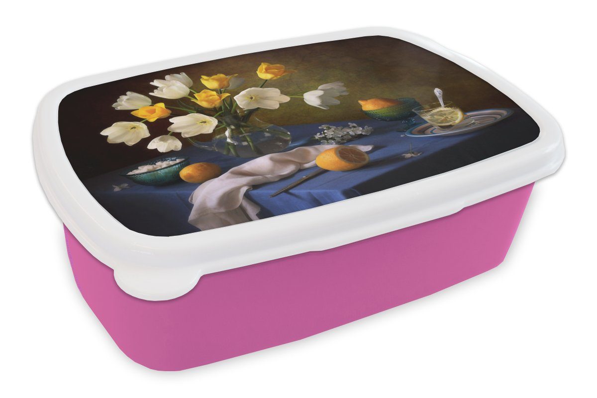MuchoWow Lunchbox Stillleben - Farben - Tisch, Kunststoff, (2-tlg), Brotbox für Erwachsene, Brotdose Kinder, Snackbox, Mädchen, Kunststoff rosa