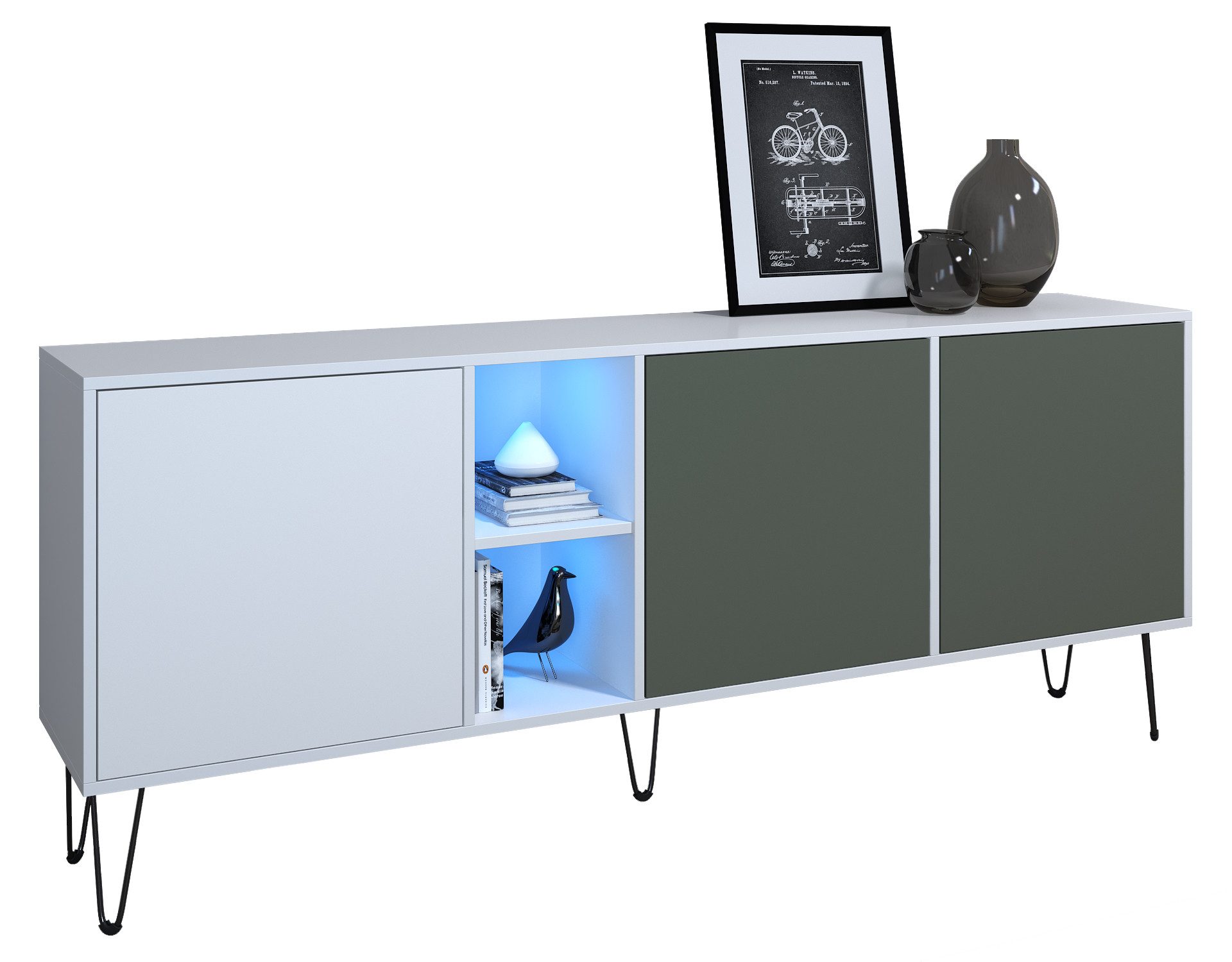 Vladon Sideboard Havana (TV-Schrank mit 3 Türen und 2 offene Fächer, Kommode mit LED, Made in Germany), Weiß matt / Fjord Grün (181,5 x 73 x 35 cm)