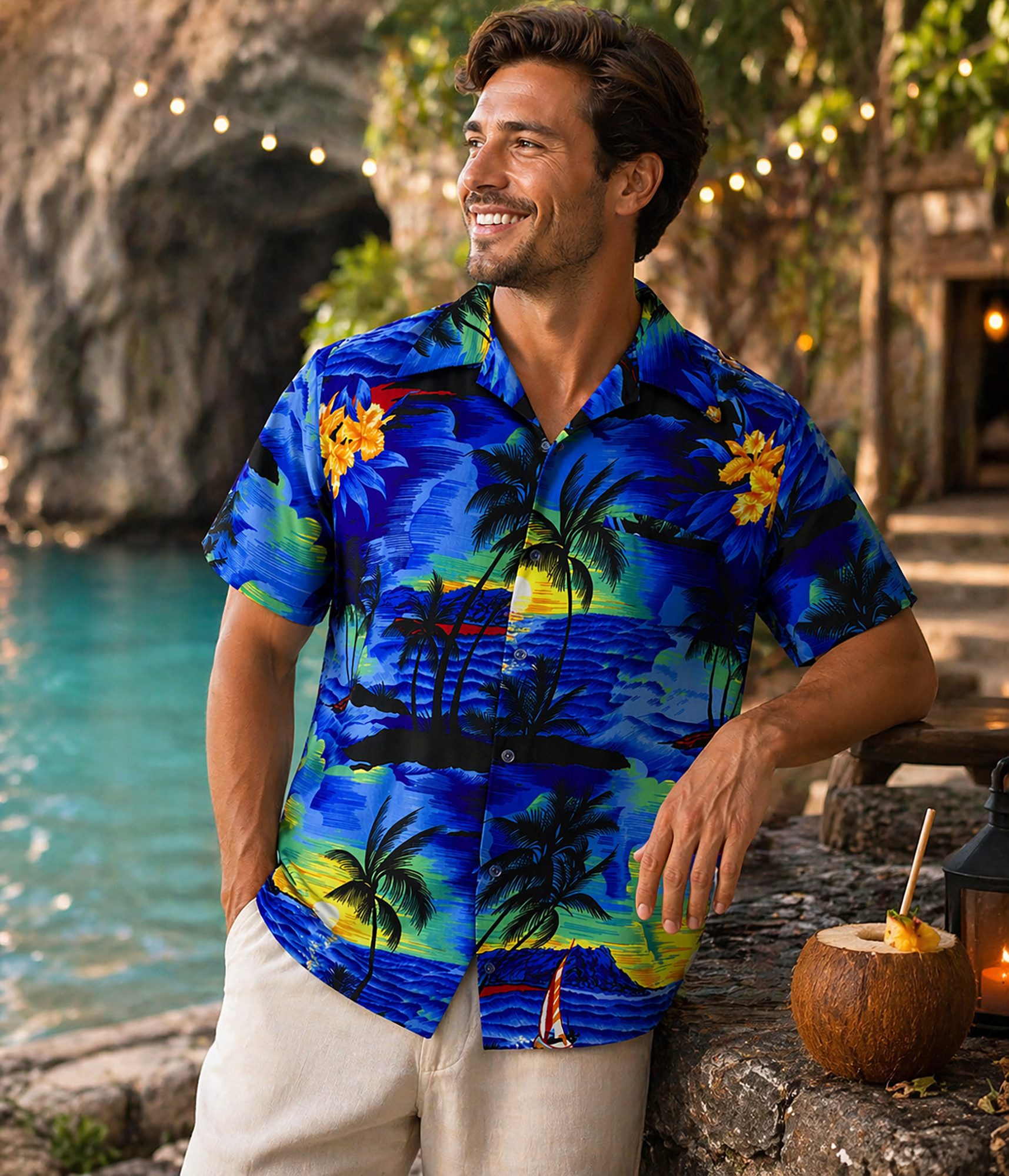 King Kameha Hawaiihemd "Surf" Funky Hawaii-Hemd Herren Kurzarm Front-Tasche Sommerhemd