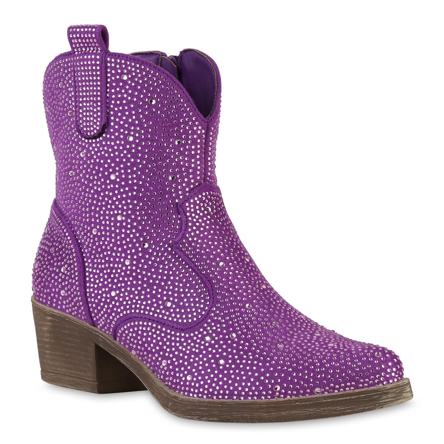 VAN HILL 21427638 SL DES659 Damen Stiefeletten Purple 38 Cowboy Boots Damen Cowboy Boots Stiefeletten Spitze Strass Western