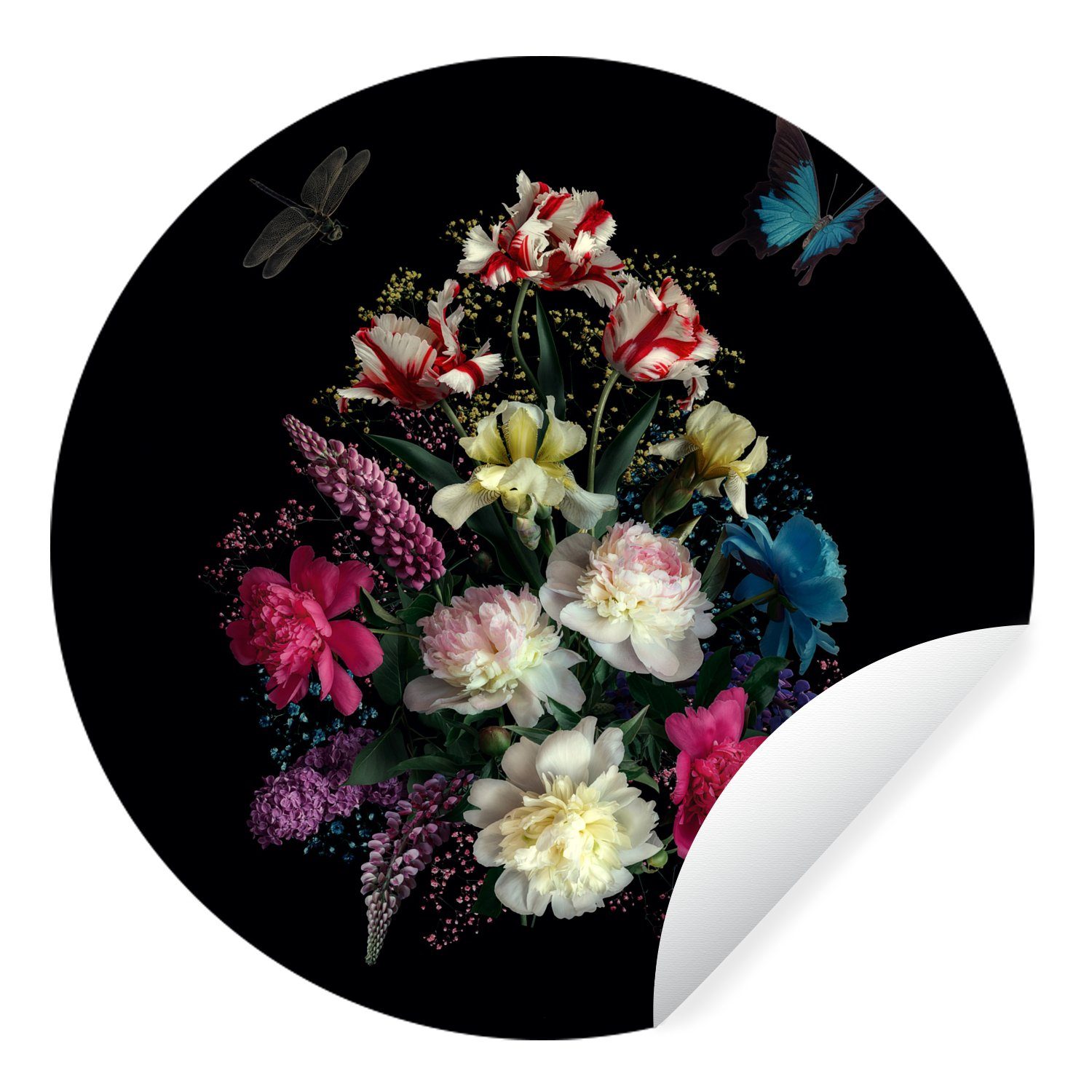 MuchoWow Wandsticker Blumen - Schmetterling - Stilleben (1 St), Tapetenkreis für Kinderzimmer, Tapetenaufkleber, Rund, Wohnzimmer