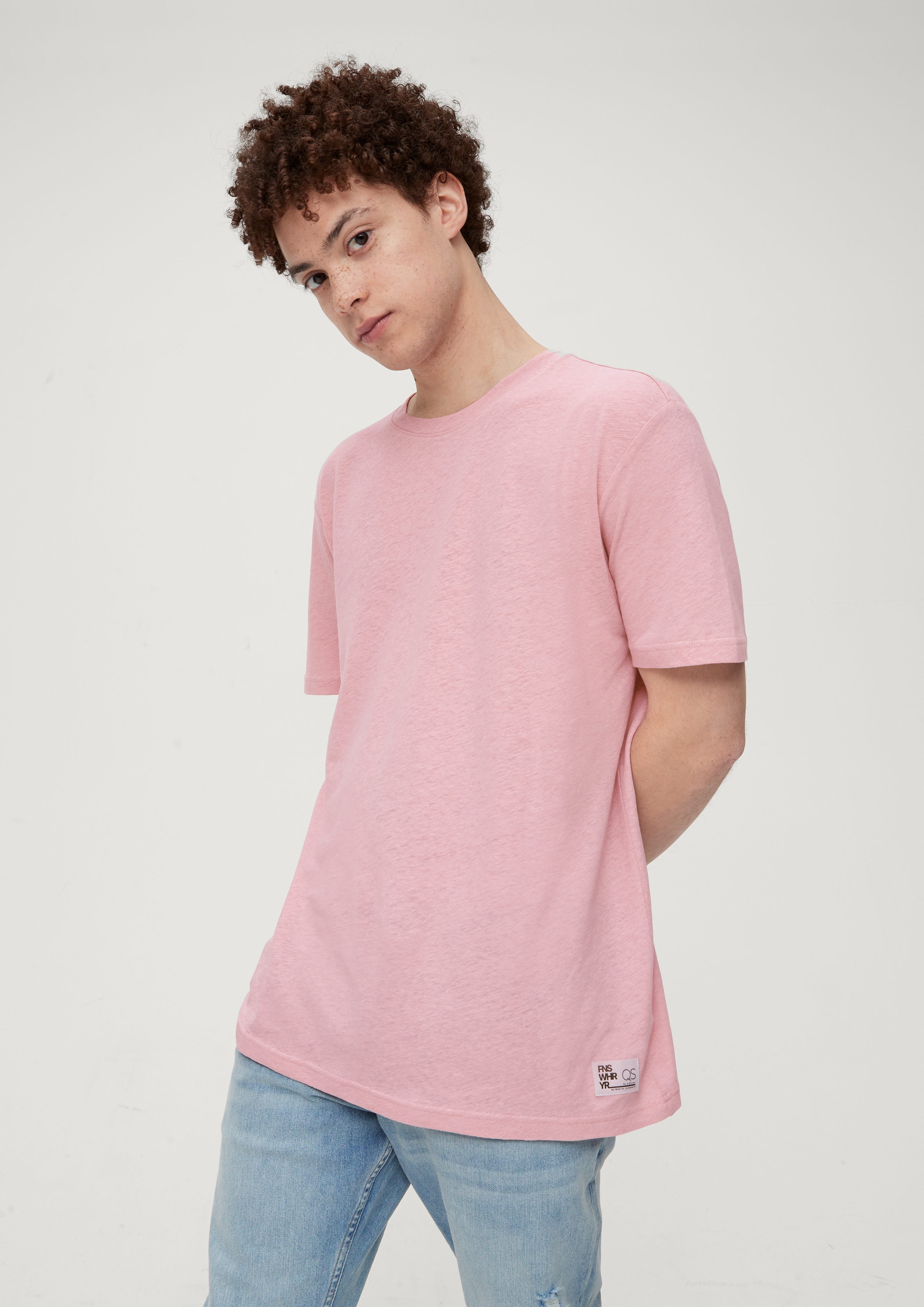 QS Kurzarmshirt T-Shirt aus Leinenmix Label-Patch rosa