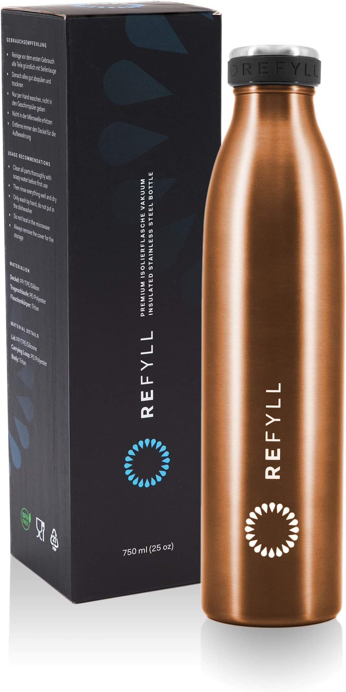 REFYLL Thermoflasche Trinkflasche "dailyFYLL" - 500ml, 750ml, 1l - Auslaufsicher & isoliert, Thermosflasche mit doppelwandiger Vakuum Isolierung Copper