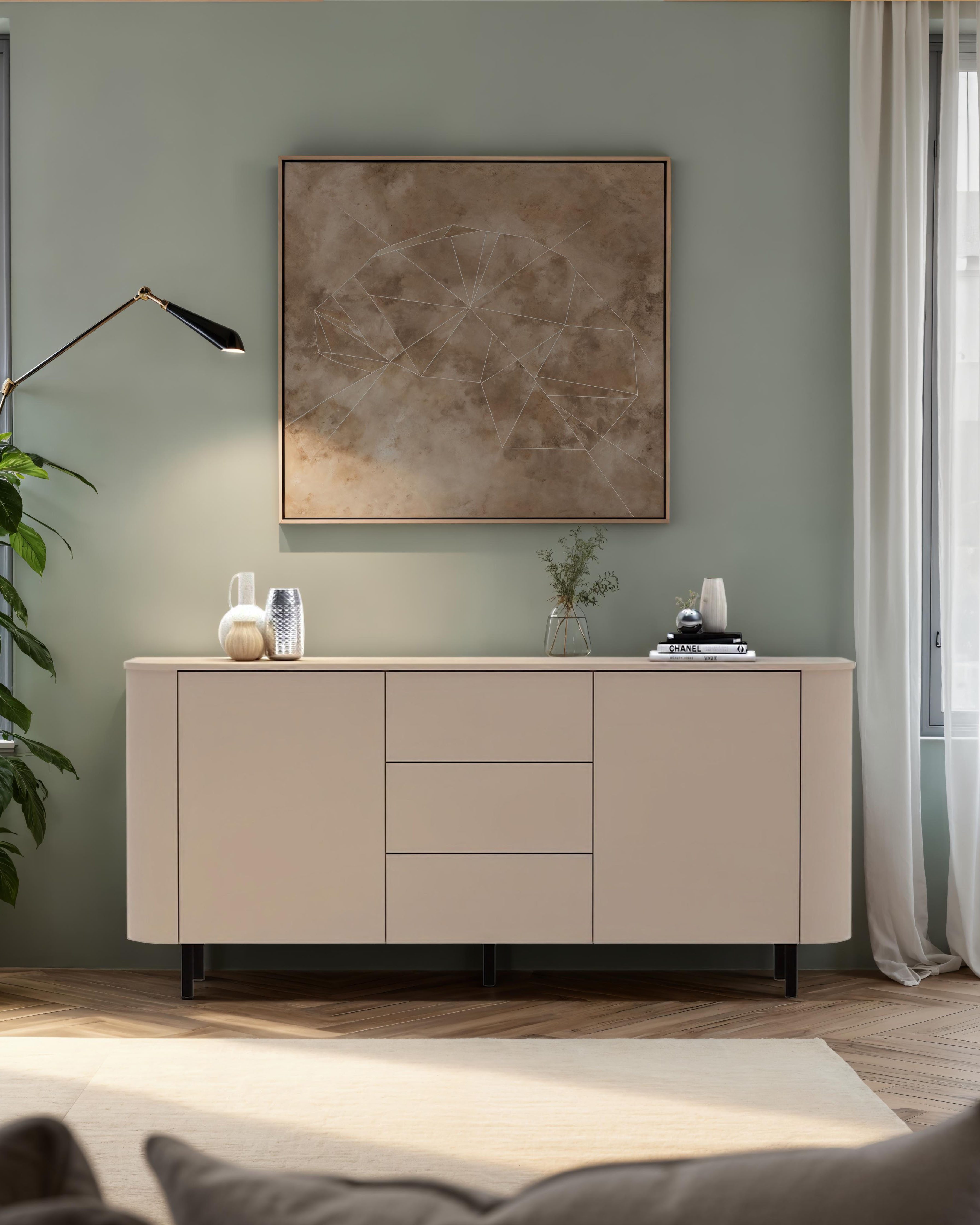 OTTO home Sideboard Lido, 181 cm breit, 2 Türen, 3 Schubkästen, Kommode, Stauraumschrank, Formgebogenes MDF, Stirnseiten mit Rundung, Push-to-open, Metallfüße