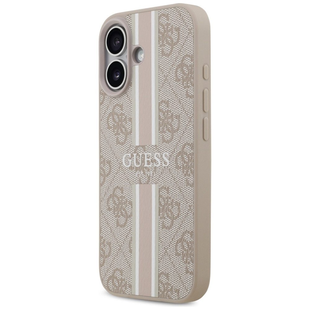 Guess Handyhülle Case iPhone 17 MagSafe Kunstleder rosa Logo Streifen 6,3 Zoll, Kantenschutz