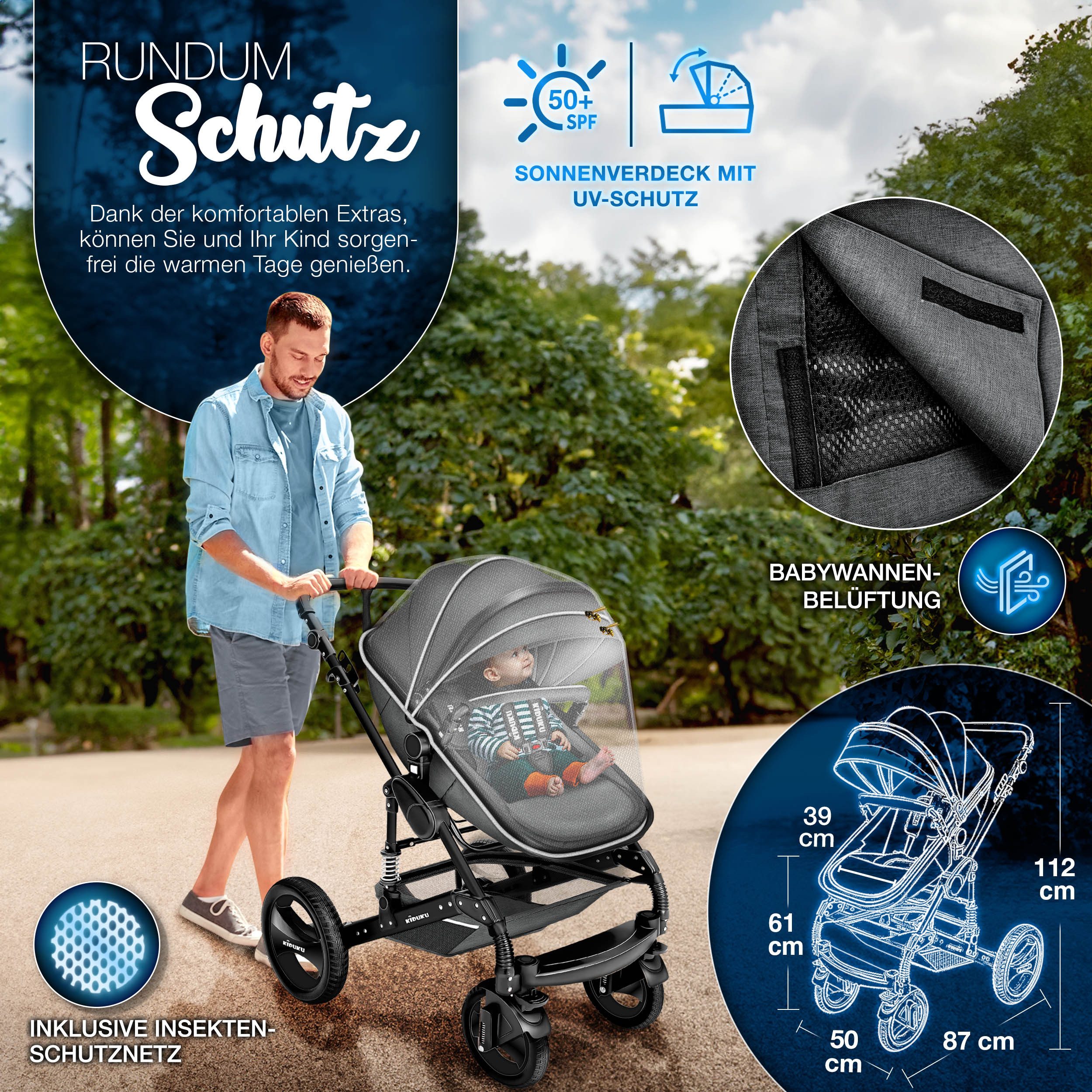 KIDUKU Kombi-Kinderwagen KIDUKU® 3 in 1 Kombi-Kinderwagen Buggy Reisebuggy inkl. Auto- Babyscha, Kindertisch