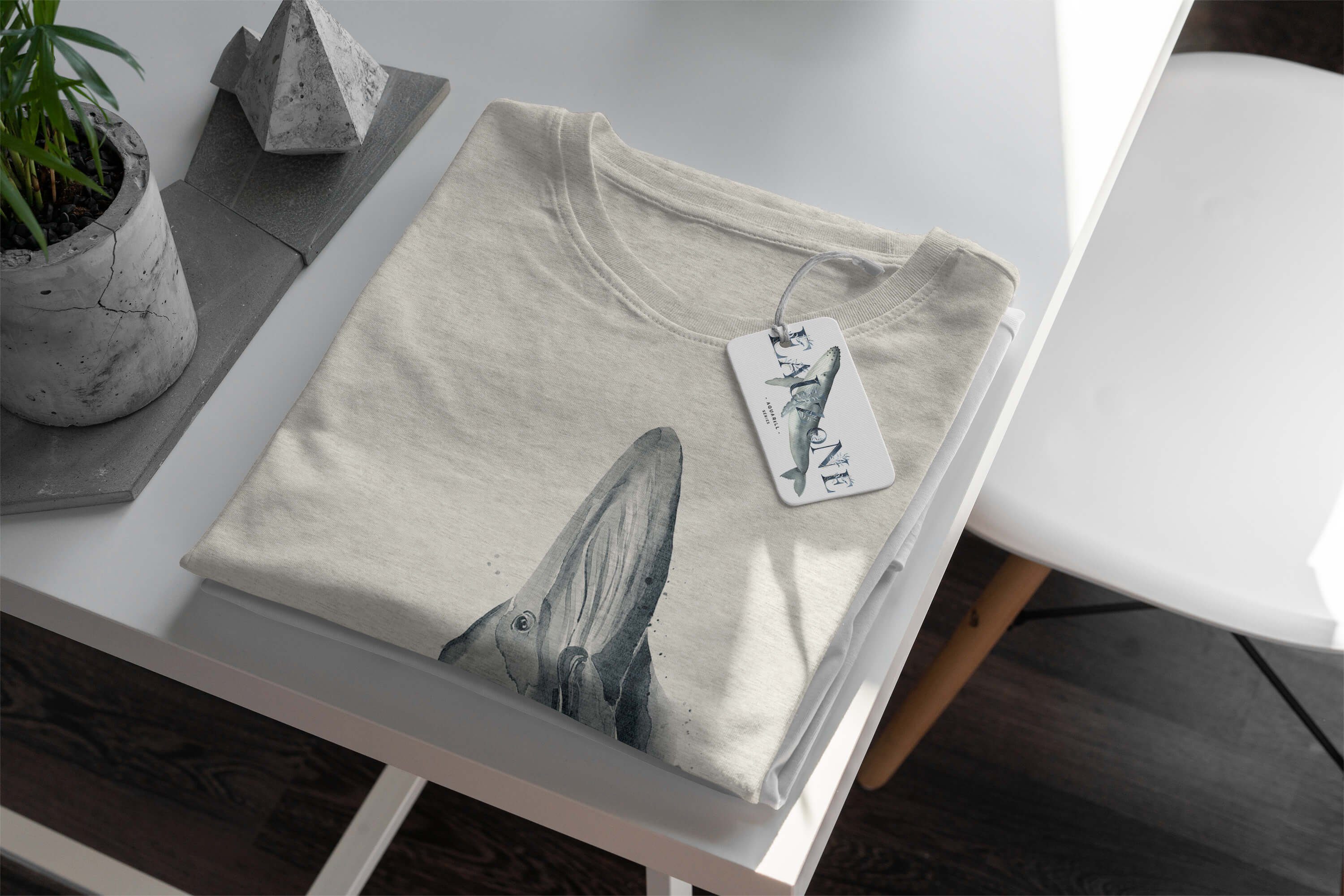 Sinus Art T-Shirt (1-tlg) 100% Motiv Herren Nachhaltig gekämmte au Wasserfarben Shirt T-Shirt Bio-Baumwolle Ökomode Buckelwal