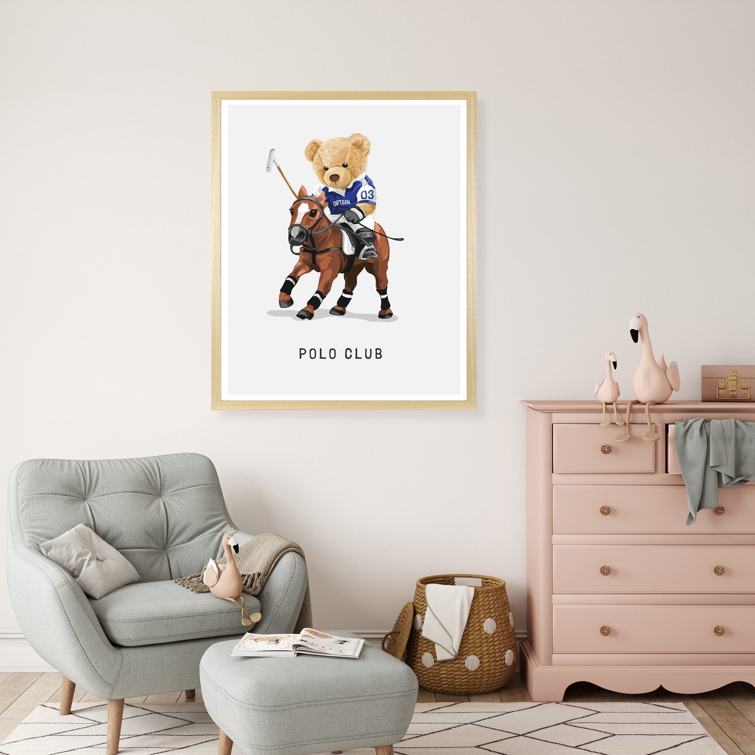 queence Bild mit Rahmen Polo Club Teddy Bär auf Pferd, Bär, Bären, Fashion, Figuren, Mode, Modebilder, Pferde, Pferdebilder, Reitbilder, Schriftzug, HD Premium Poster-Druck inkl. Echtholzrahmen in beige