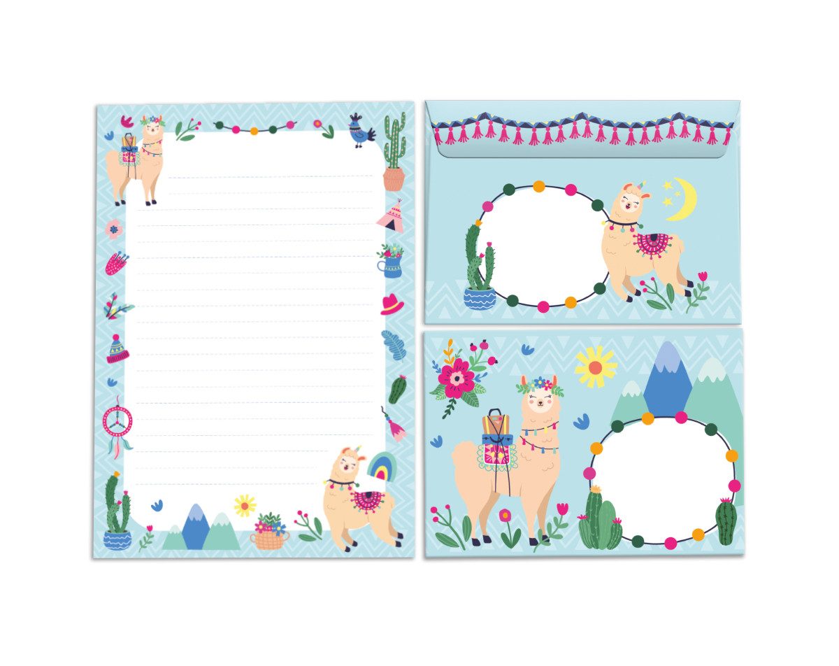 JUNAPACK Briefpapier Set Kinder Briefblock A5 mit Umschlägen Notizblock Papier Lama Alpaka, Kinder-Briefpapier A5 mit 15 Umschlägen, liniert & leicht beschreibbar