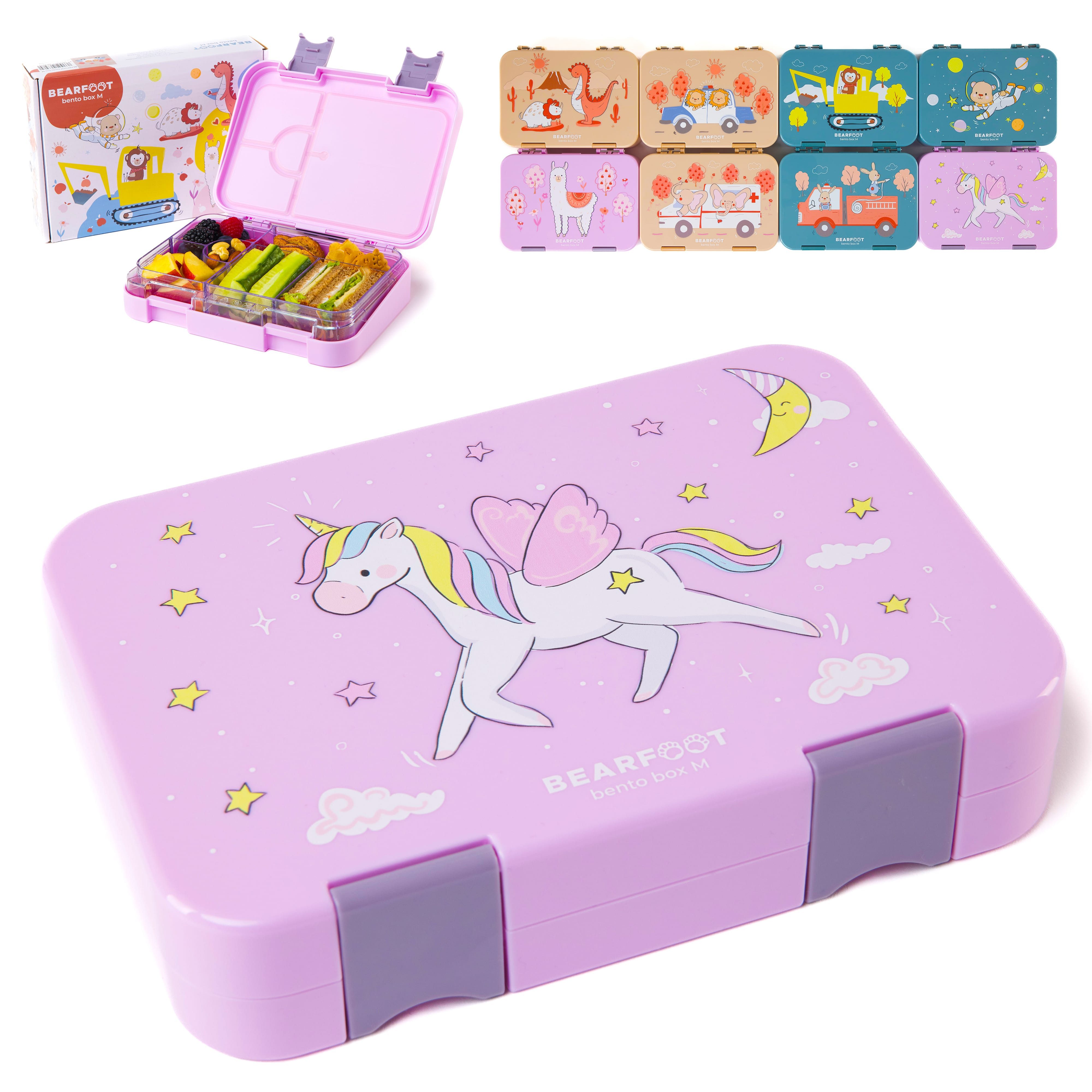 BEARFOOT Lunchbox Brotdose Kinder mit Fächern, Lunchbox, Bento box - Einhorn Lila, handgezeichnete Designs, modular