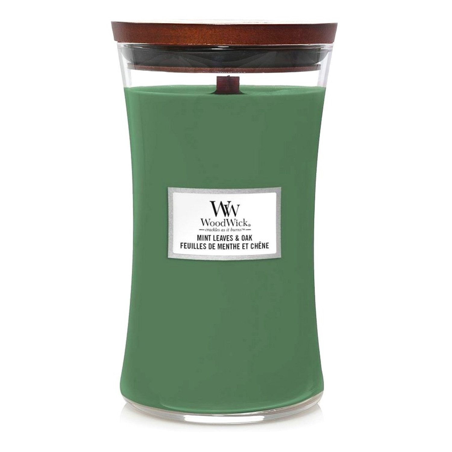 Woodwick Duftkerze Mint Leaves & Oak im großen Sanduhr Glas mit Holzdeckel, günstig online kaufen