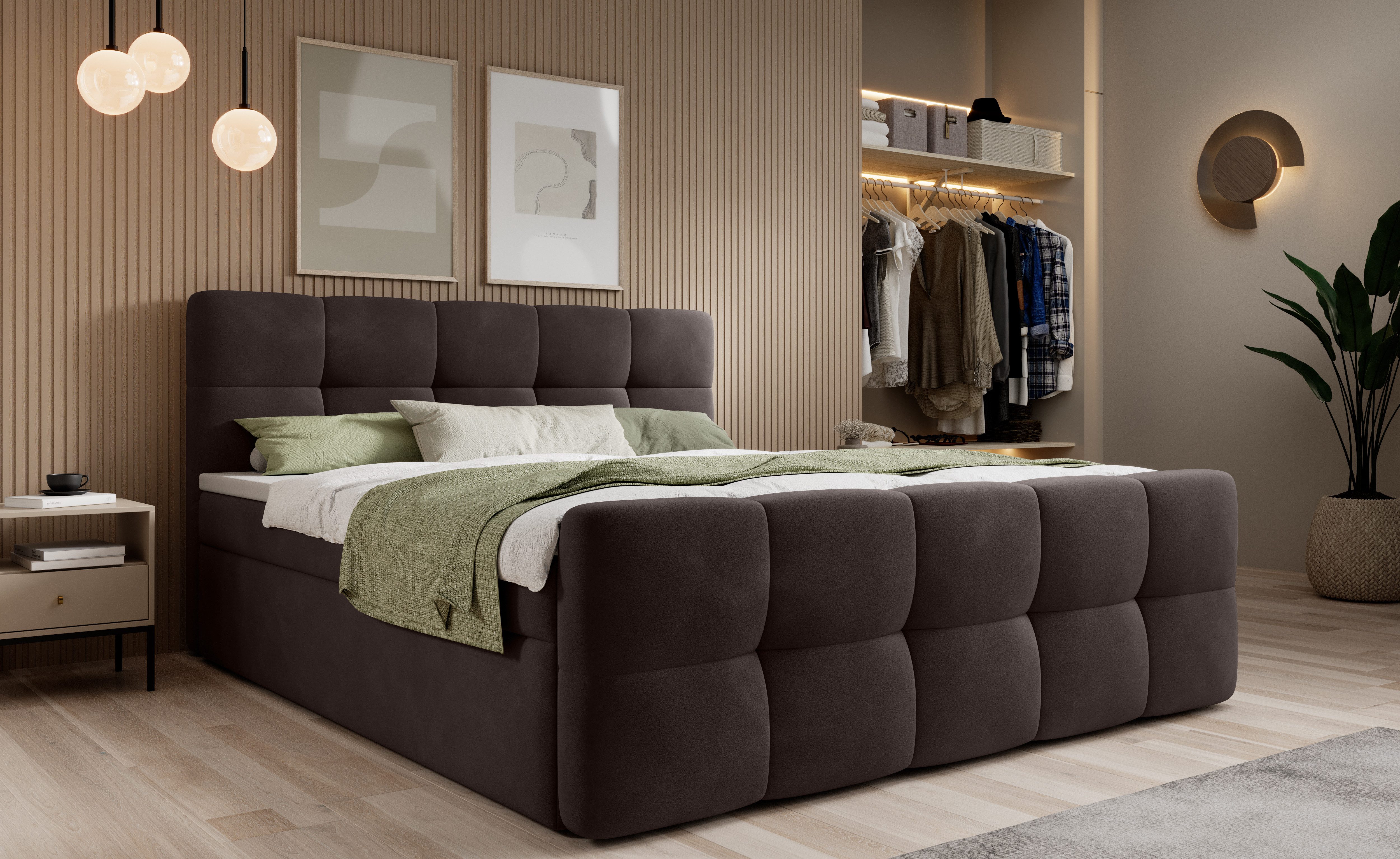 thematys Boxbett mit Bettkasten 140x200–200x200 cm – Velours oder Bouclé Bezug – (Polsterbett Bonnellfederkern Matratze H3 + Gratis 3cm Topper, Boxbett - Luxus Doppelbett mit Stauraum)