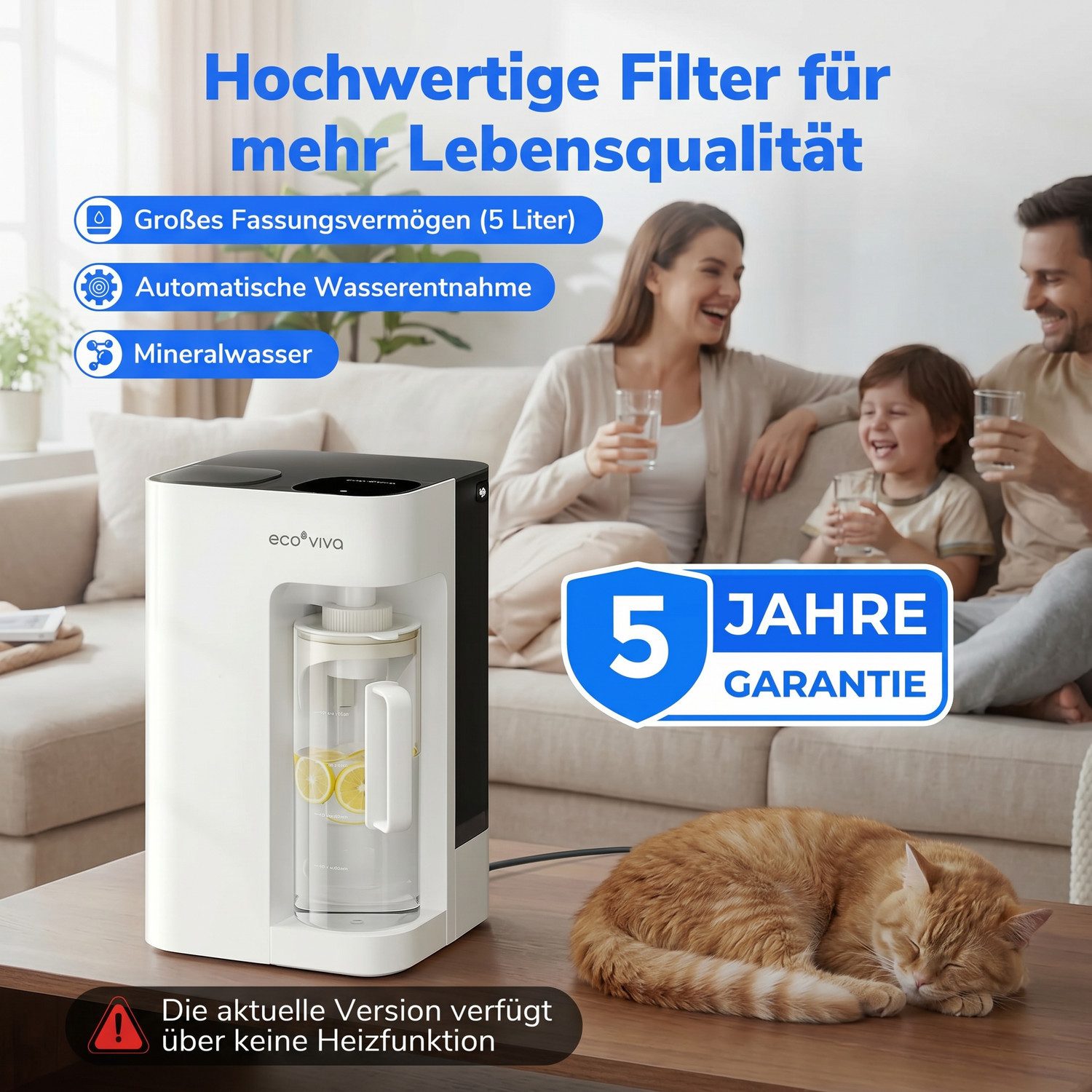 Ecoviva Wasserfilter MATE3 Auftisch Osmoseanlage ohne Installation inkl. Glaskaraffe, 8-Stufen Filtration, Echtzeit-TDS, 3:1 Reinwasser, 5 Liter Wassertank