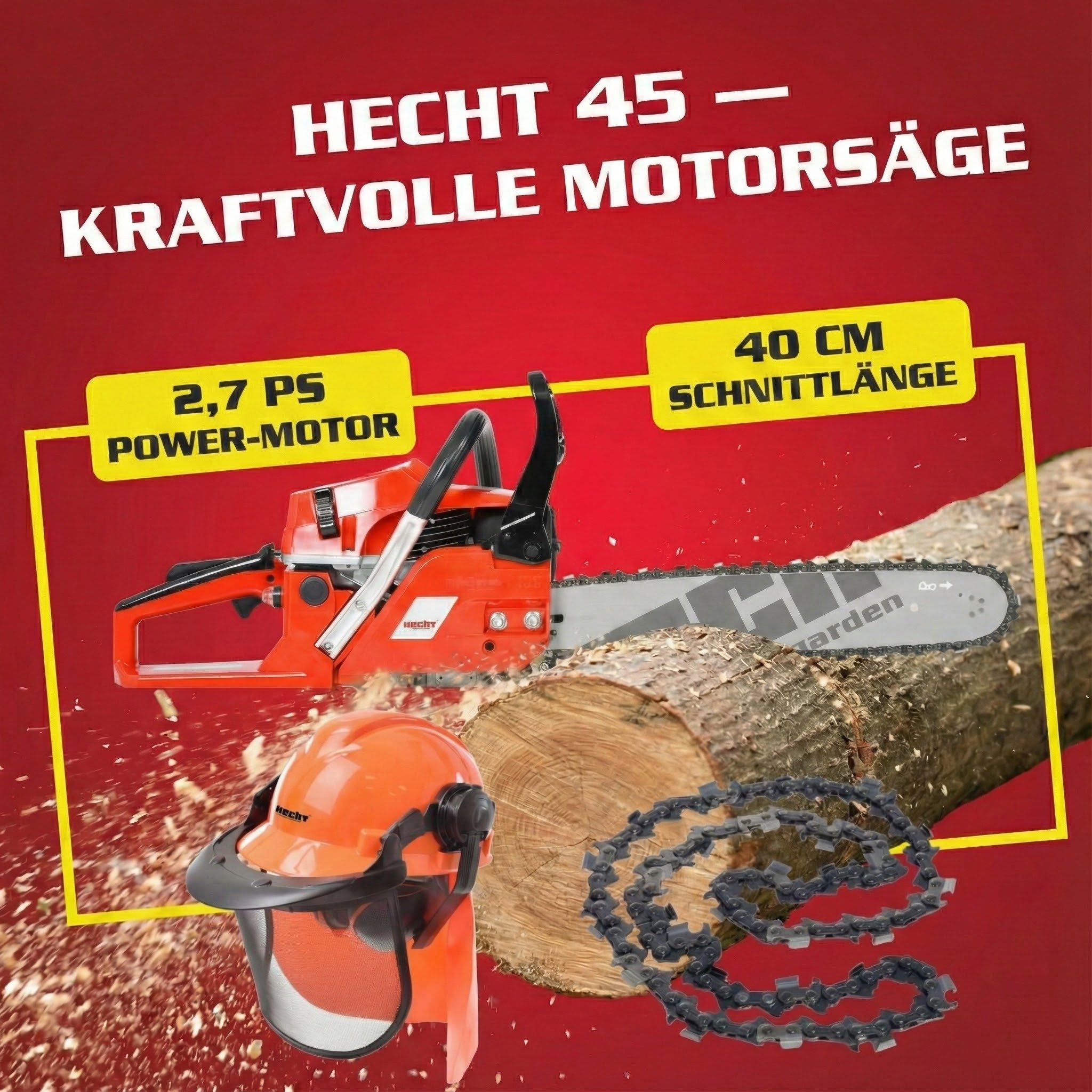 Hecht Benzin-Kettensäge Motorsäge 45 Set mit Helm und Ersatzkette, 47 cm Schwertlänge, 2,7 PS, 40cm Schnittlänge