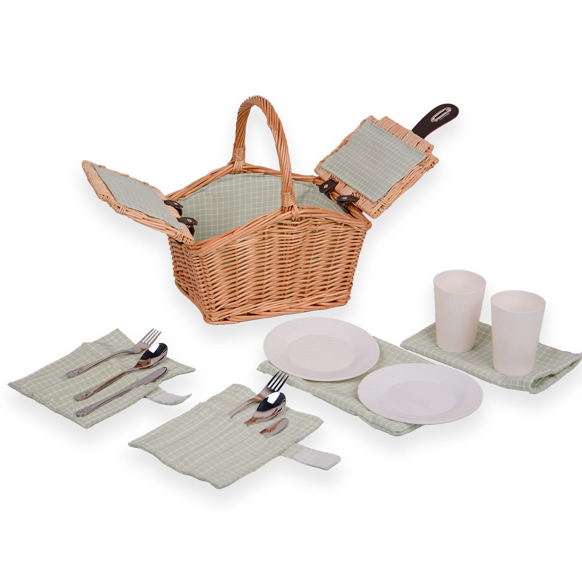 UNUS GARDEN Picknickkorb Kinder, für 2 Personen (ca. 27 x 20 x 30 cm, grün), Rechteckig inklusive Besteck und Geschirr