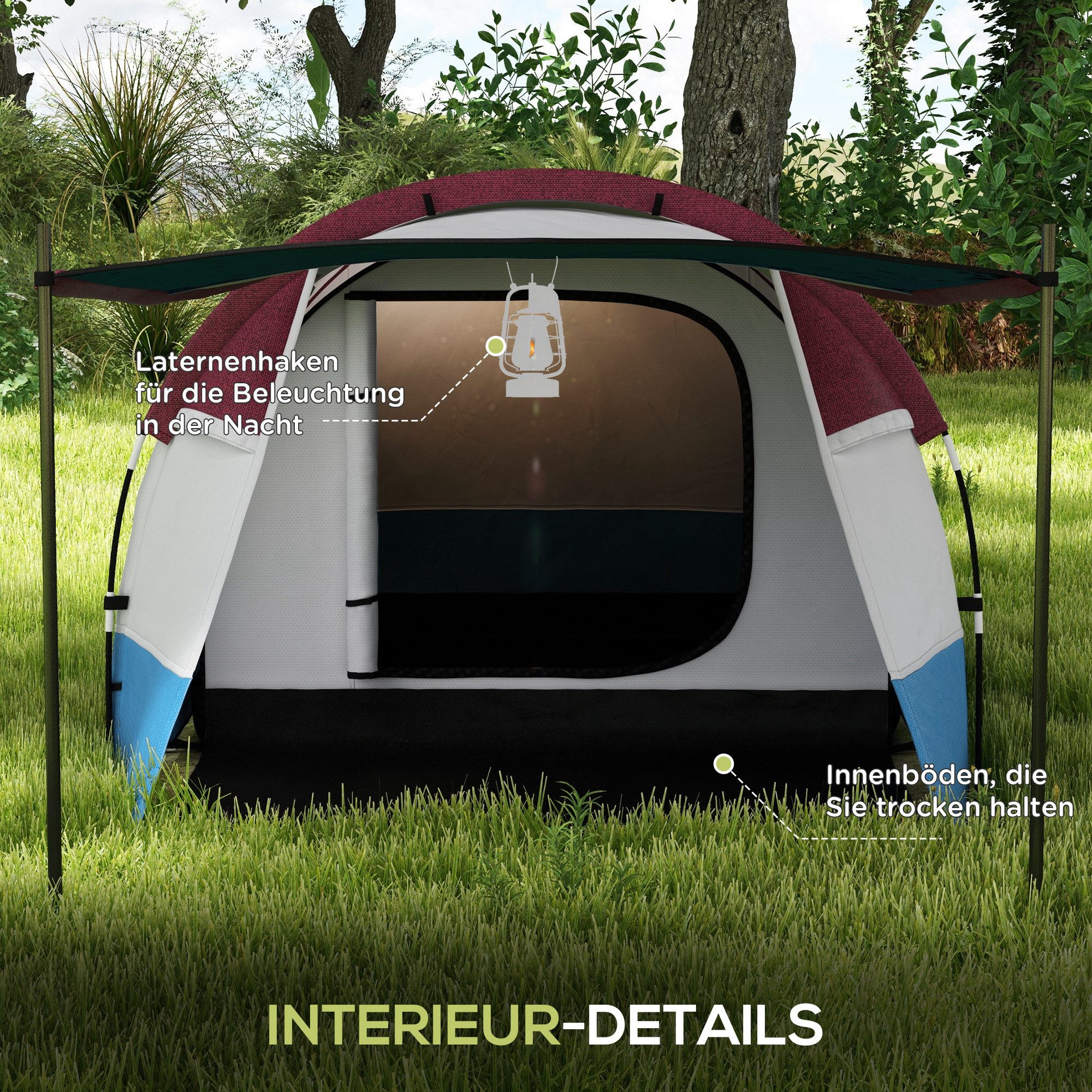 CHICFURN Tunnelzelt Campingzelt für 3 Personen, mit Vorzelt, 2 Räumen, Lichthaken, Personen: 4 (Packung, 1 tlg., Winddichtes Familienzelt, 2000 mm wasserabweisend, inkl. Tragetasche), Für Camping, Garten und Outdoor, Farbe Rot