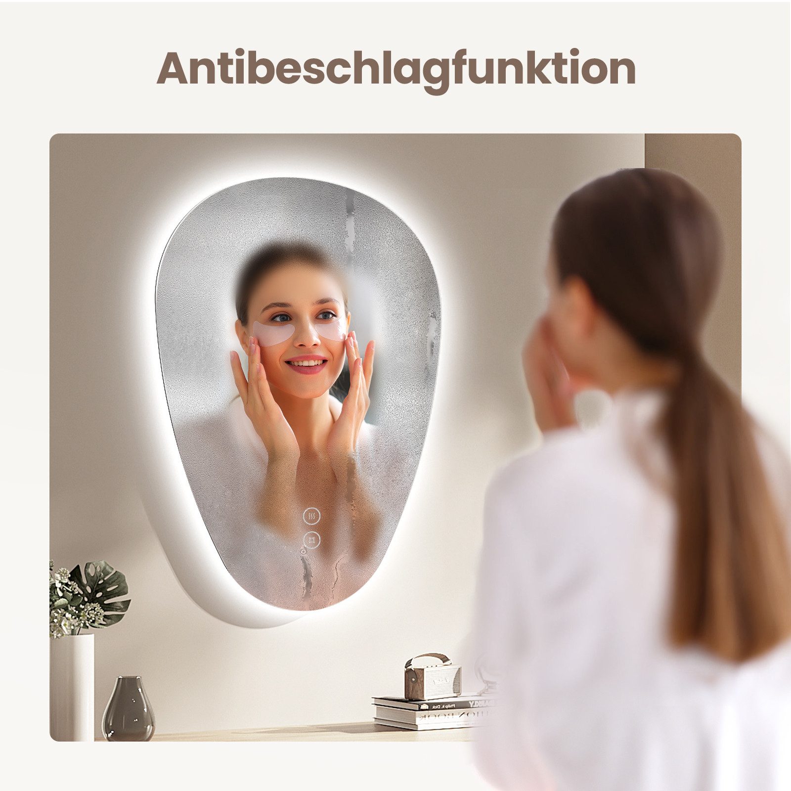 EMKE Badspiegel mit Beleuchtung Wandspiegel asymmetrisch Lichtspiegel Tropfenform, Touchschalter 3 Lichtfarben einstellbare Helligkeit Antibeschlag IP44 – Bild 4 von 5
