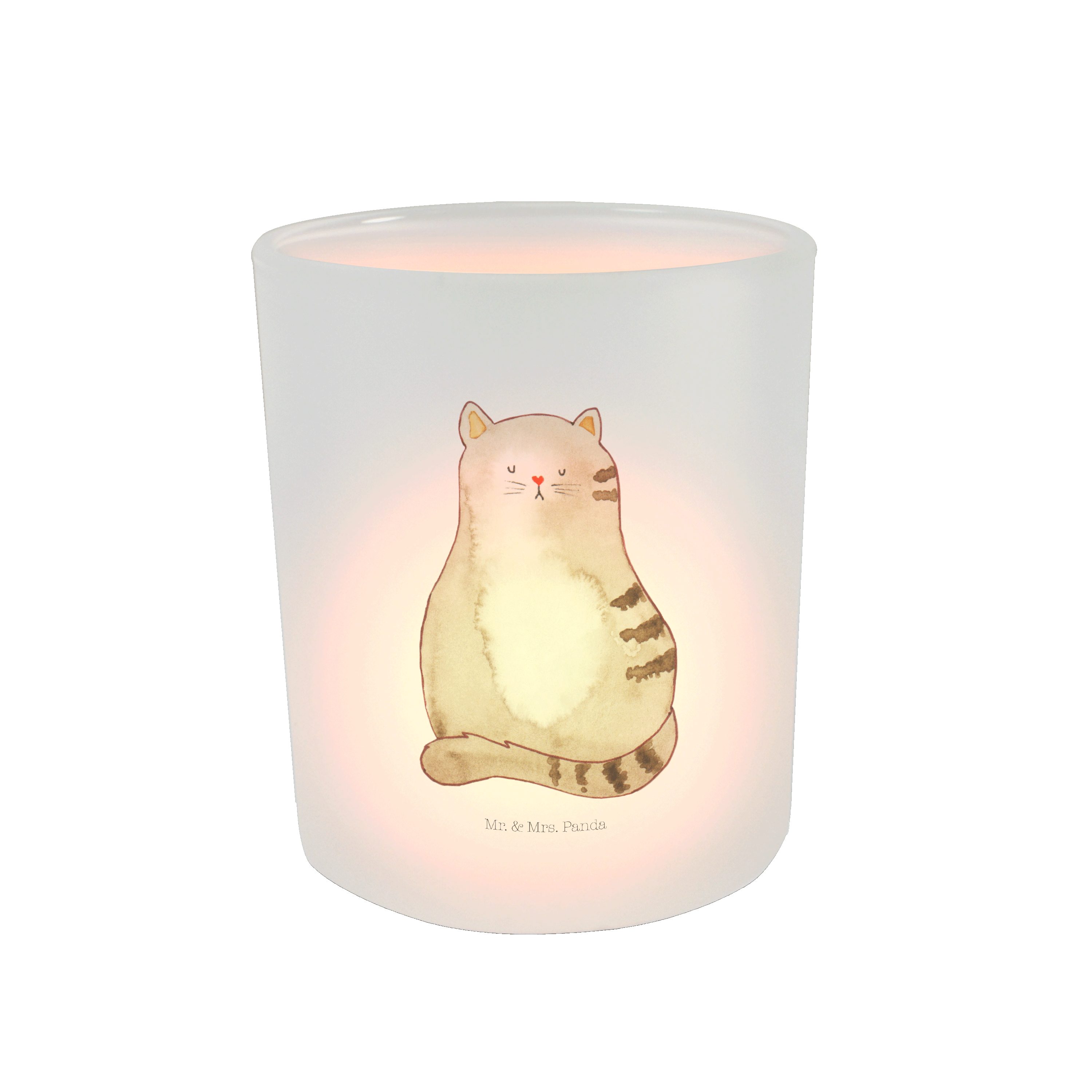 Mr. & Mrs. Panda Windlicht Katze sitzend - Transparent - Geschenk, Katzenbesitzerin, Katzensouve (1 St)