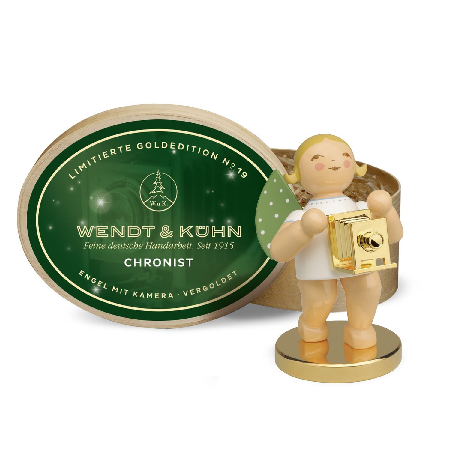 Wendt & Kühn Weihnachtsfigur Goldedition No 19 Chronist Engel mit Kamera Vergoldet Limitiert 650/30, Haarfarbe zufällig blond oder braunhaarig