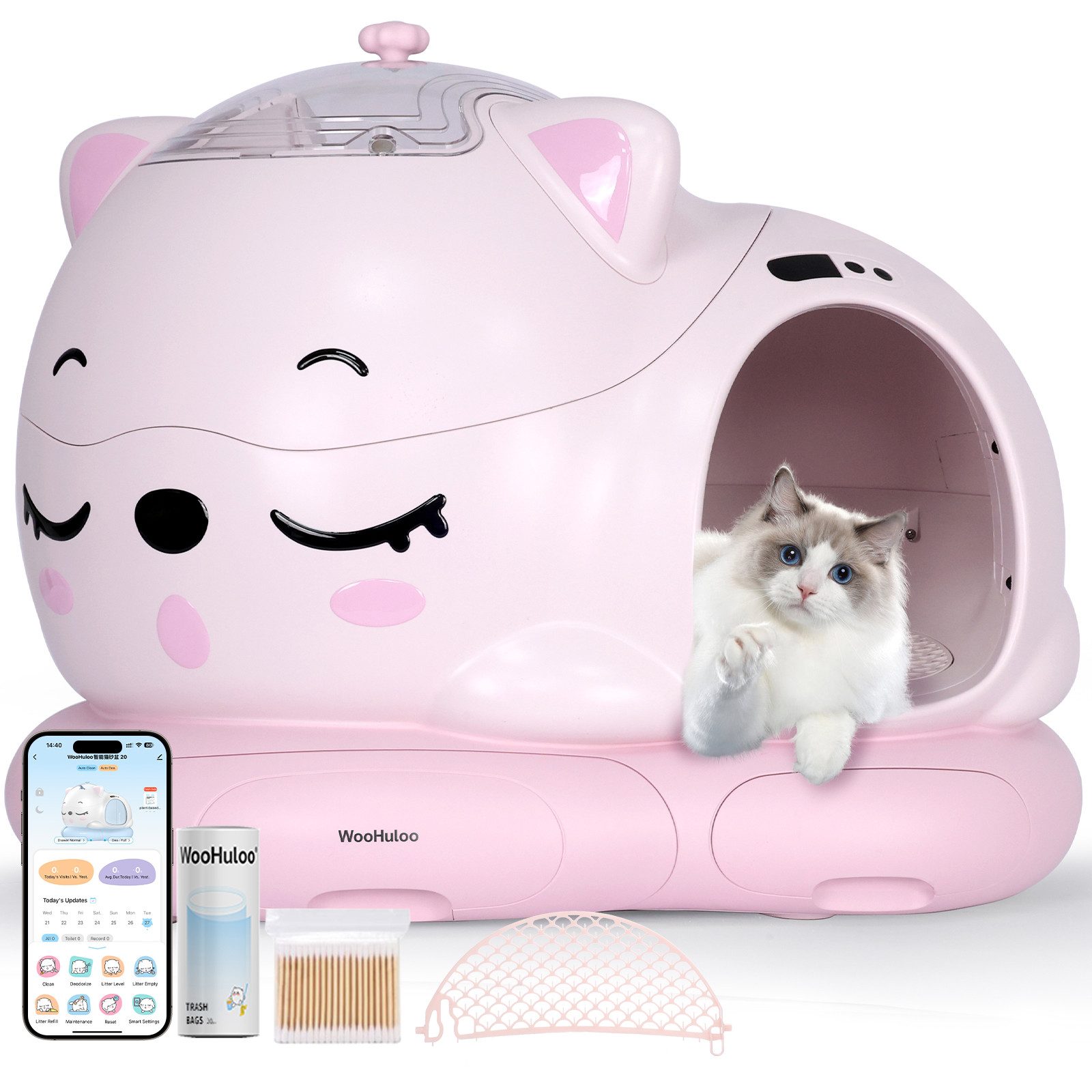 Woohuloo Katzentoilette 80L Automatische Smart-Katzenklo mit Müllbeutel, 360°-Selbstreinigend, 360°-Geruchsbeseitigung, Automatische Selbstreinigungsfunktion, APP