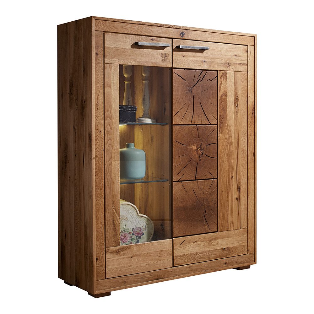 Lomadox Highboard WINNIPEG-69, Vitrinenschrank 103cm, Eiche massiv geölt, Hirnholz-Details, montiert