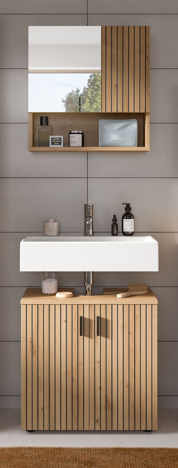 Inn.Furn Badmöbel-Set Livia, (Badezimmer in Eiche Artisan, mit Spiegelschrank und Waschbeckenunterschrank), moderne Leistenoptik – Bild 5 von 5
