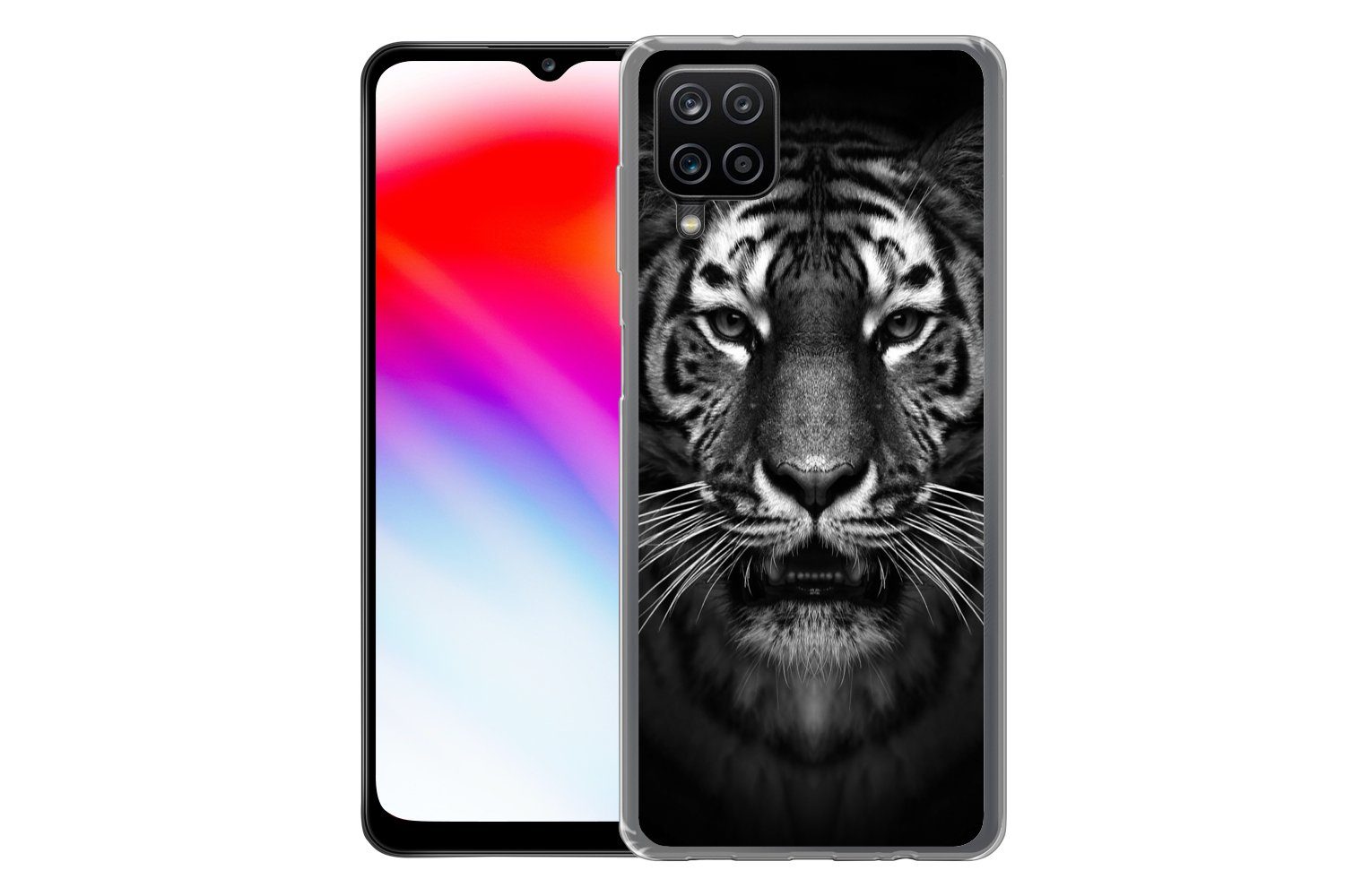 MuchoWow Handyhülle für Samsung Galaxy A12 Tiger - Tiere - Schwarz - Weiß - Porträt - Wild, Smartphone-Bumper, Print, Handy Schutzhülle Dünn