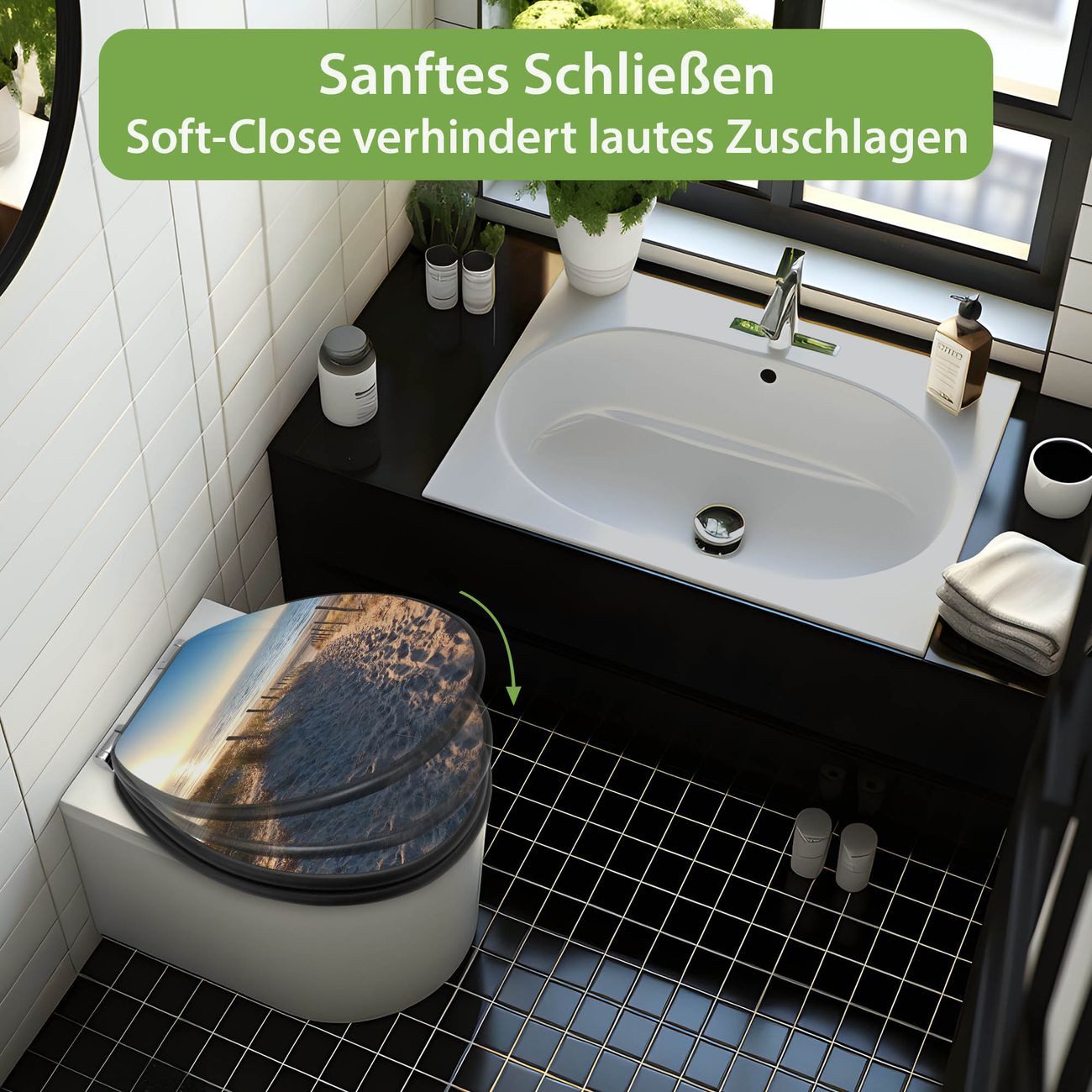 banjado WC-Sitz Anthrazit mit Absenkautomatik Motiv Nordseestrand (umweltfreundliches Material, integrierte Absenkautomatik), 46,5 x 38 x 5 cm – Bild 5 von 5
